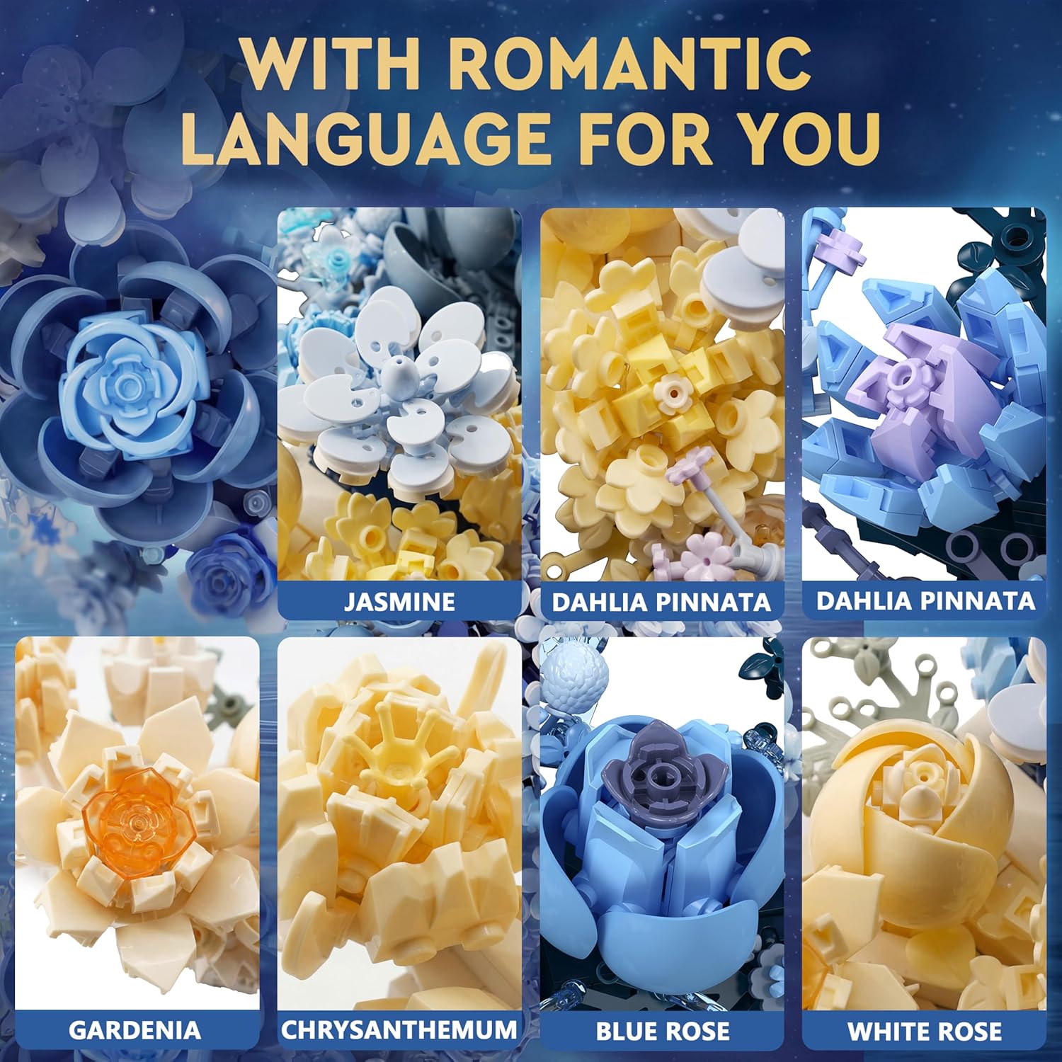 Detalle de Loyratche Blue Moon Flower Building Set: Crescent Moon Floral Art for Adults