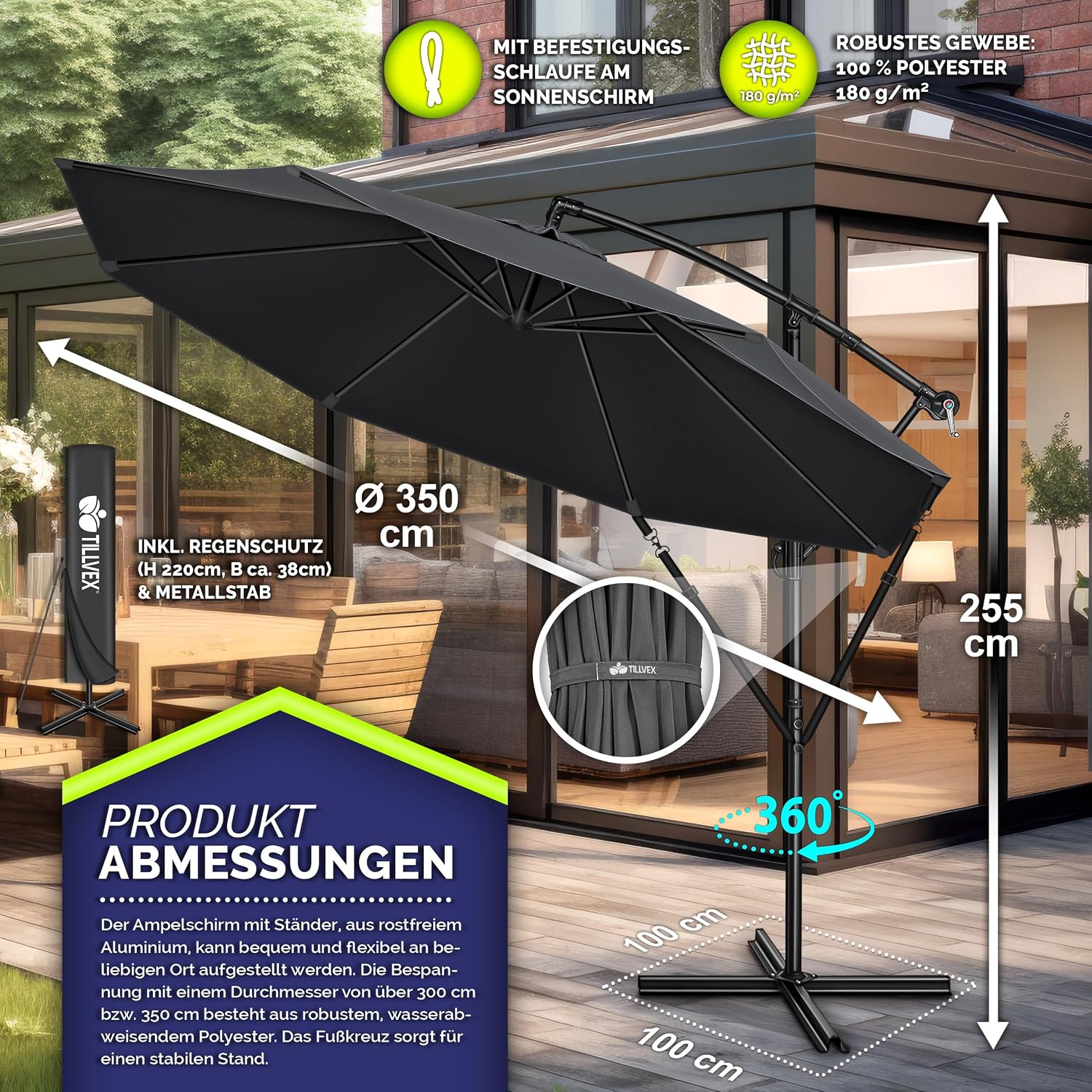 Detalle de Tillvex Alu Sonnenschirm + Abdeckung Ø 350 cm – Ampelschirm mit Kurbel, Ständer & Windschutz aus Aluminium