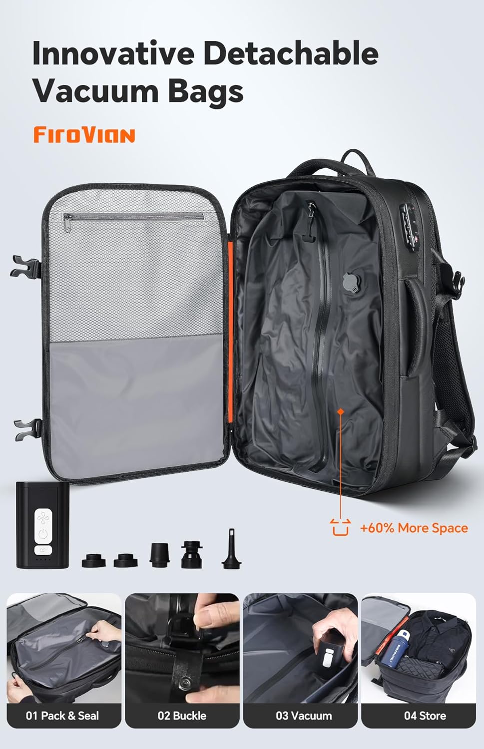 Thumbnail 2 de FIROVIAN Vacuum Backpack Travel 70L Expandable Carry-On with Compression System and 2 Detachable TPU Vacuum Bags