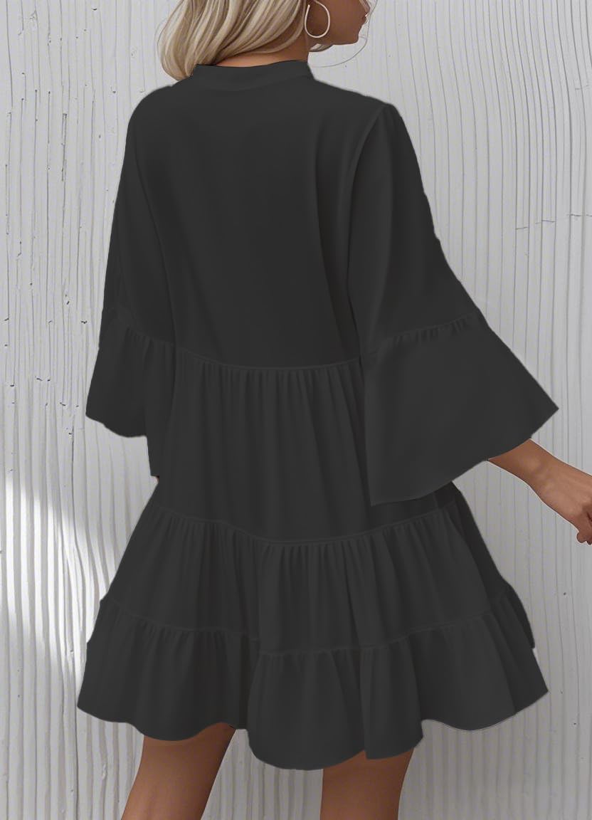 Detalle 2 de Opemiby Summer Dresses for Women 2026: Flowy Ruffle 3/4 Sleeve V-Neck Tiered Babydoll Boho Beach Mini Dress