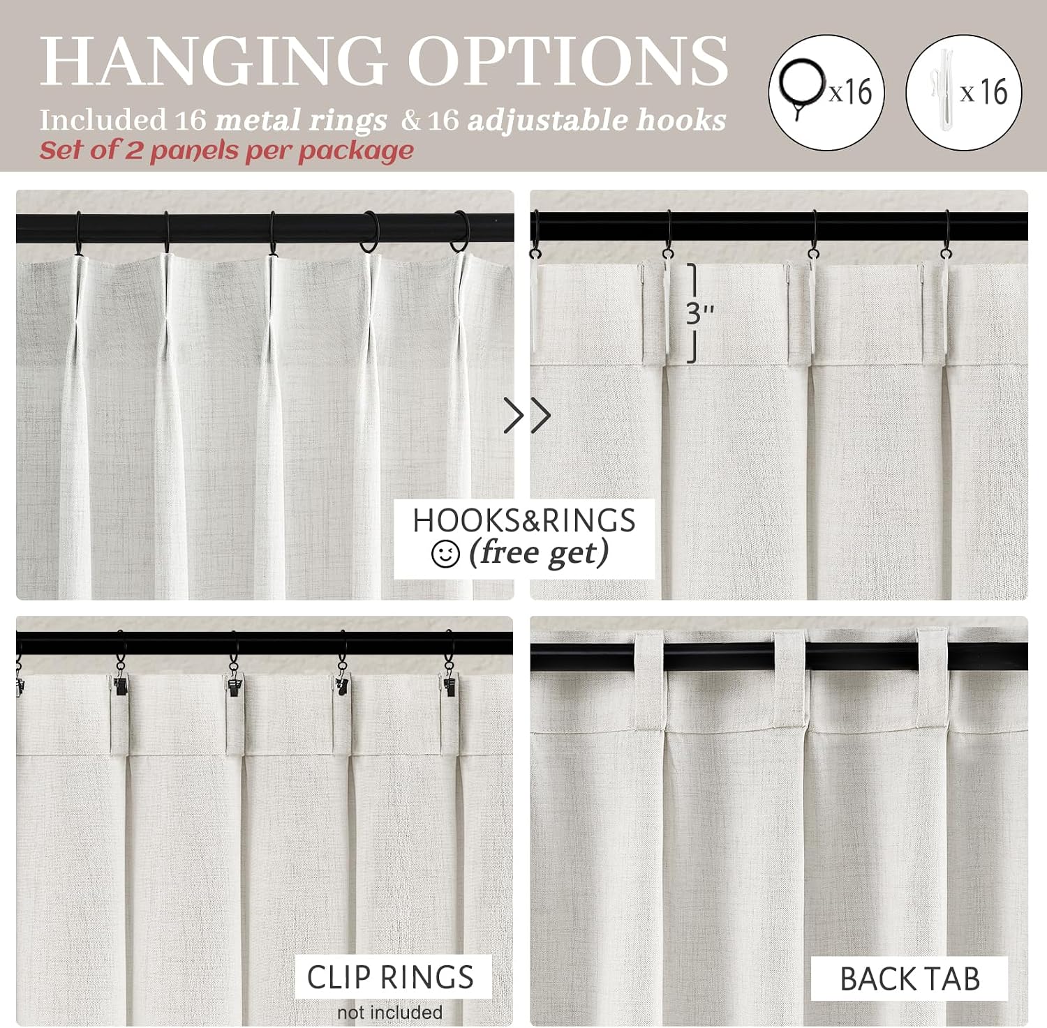 Detalle 2 de PleatedDrapes Pinch Pleated Curtains, 84-Inch Beige White Linen Blend