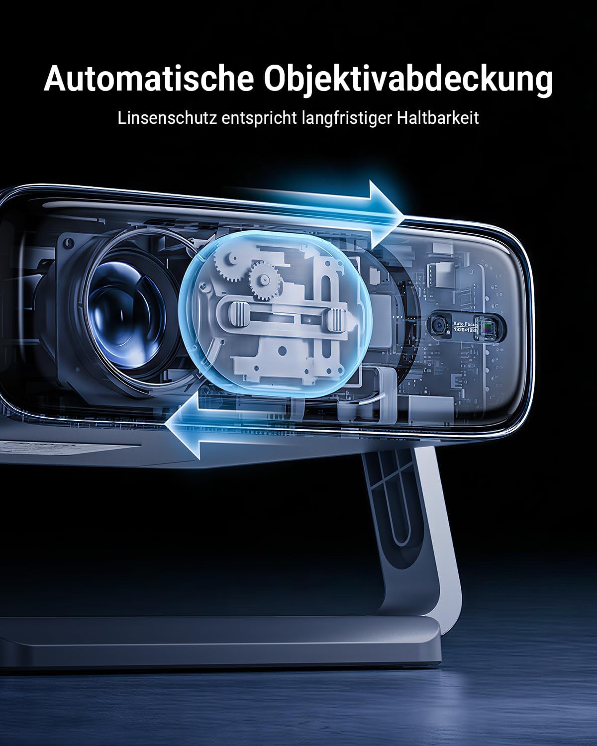 Detalle de Smart Beamer 4K Heimkino mit Google TV – Autofokus, 2500 ANSI, WiFi 6, 360° Stativ, Auto-Objektivabdeckung