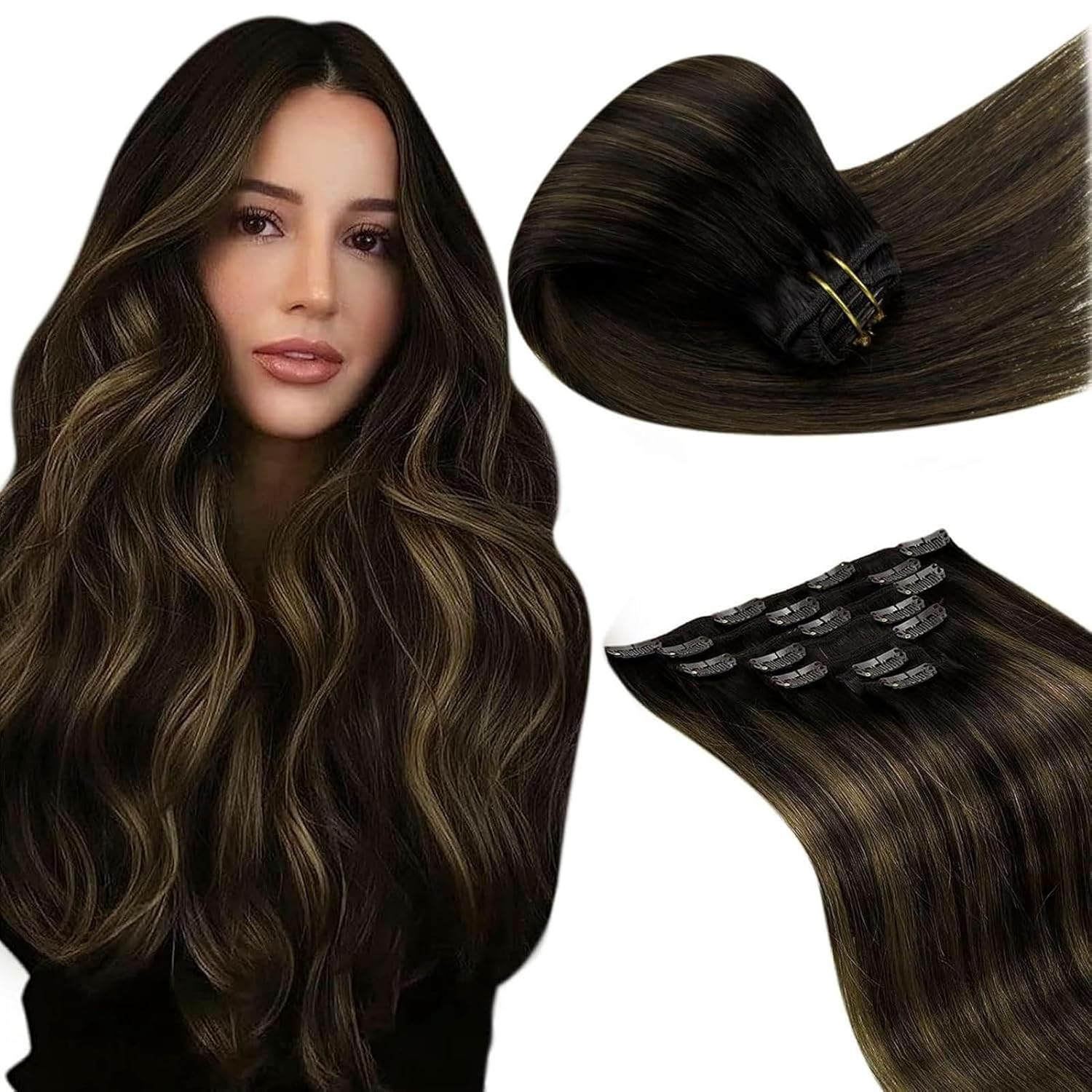 Detalle de LaaVoo Clip-in Extensions Echthaar Braun Balayage – 50 cm, 105 g, Remy Echthaar