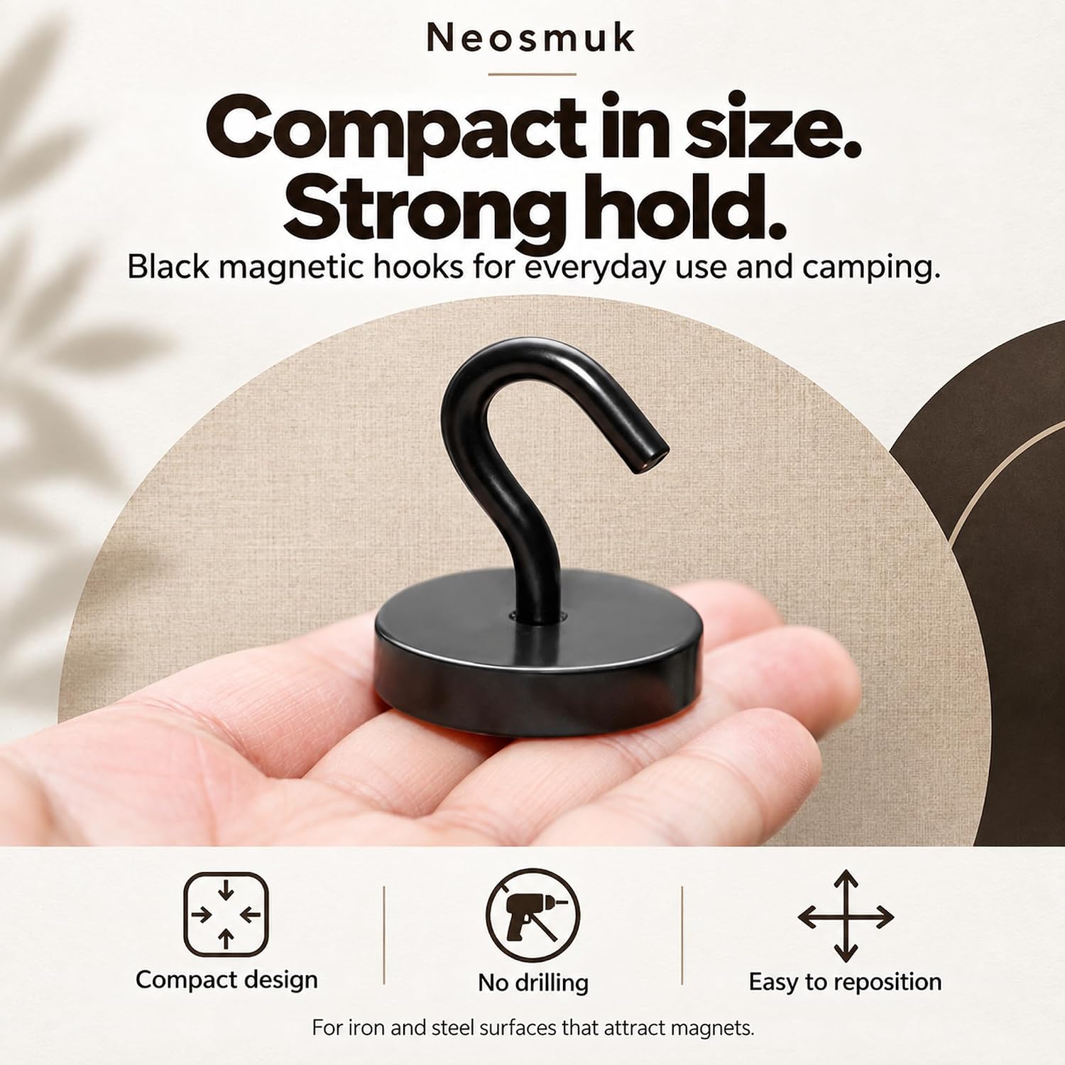 Detalle 2 de Neosmuk Steel Tube Magnetic Hooks, Black 6-Pack for Metal Surfaces