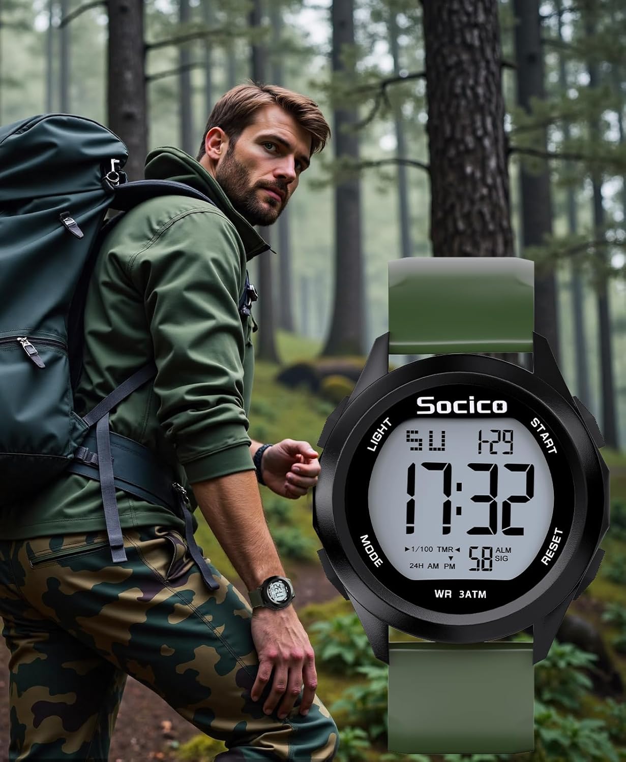 Thumbnail 6 de SOCICO Herren Digitaluhr Sport wasserdicht Outdoor mit Stoppuhr, Alarm und Datumsanzeige