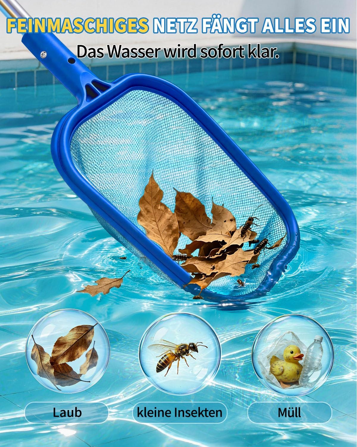 Detalle de MRUN BONE Pool Kescher 155 cm – Feinmaschiges Netz, robustes Leichtgewicht für Pool, Teich und Planschbecken