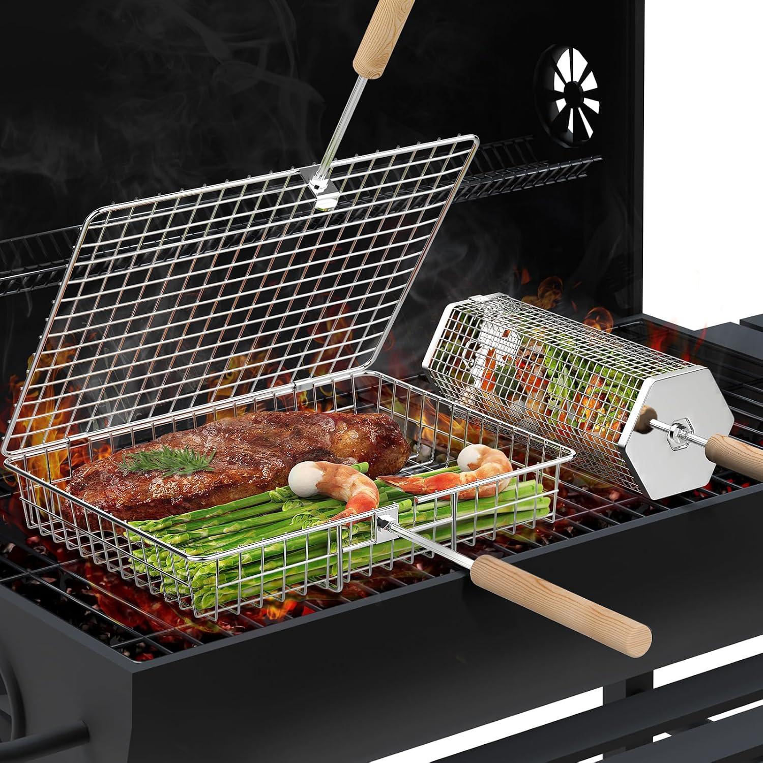Thumbnail 6 de ivtivfu BBQ Rolling Grill Basket Set with Removable Wooden Handles