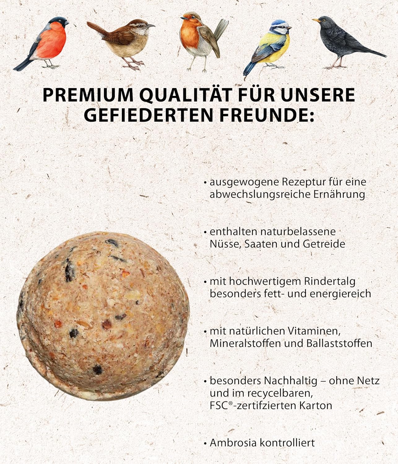 Detalle de Dehner Natura Premium palline per cinciallegre senza rete, 100 pezzi x 90 g (9 kg) – cibo di alta qualità FSC