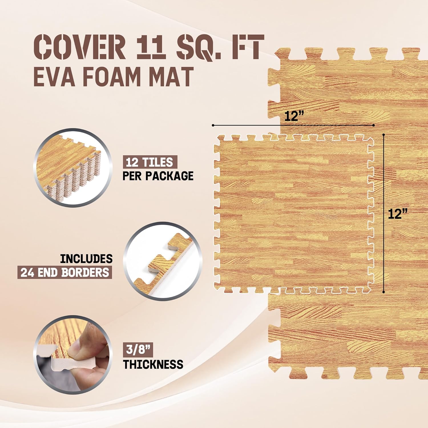 Detalle de Yes4All TDV8 Tappeto ad incastro 12SQFT, 1,1 m² – 12 piastrelle in EVA con effetto legno, incastro reversibile