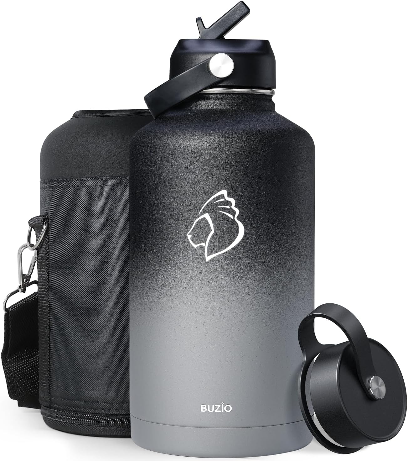 Detalle de Buzio 2L Stainless Steel Water Bottle with Straw Lid & Flex Cap (Black & Grey) – Double Wall Insulated