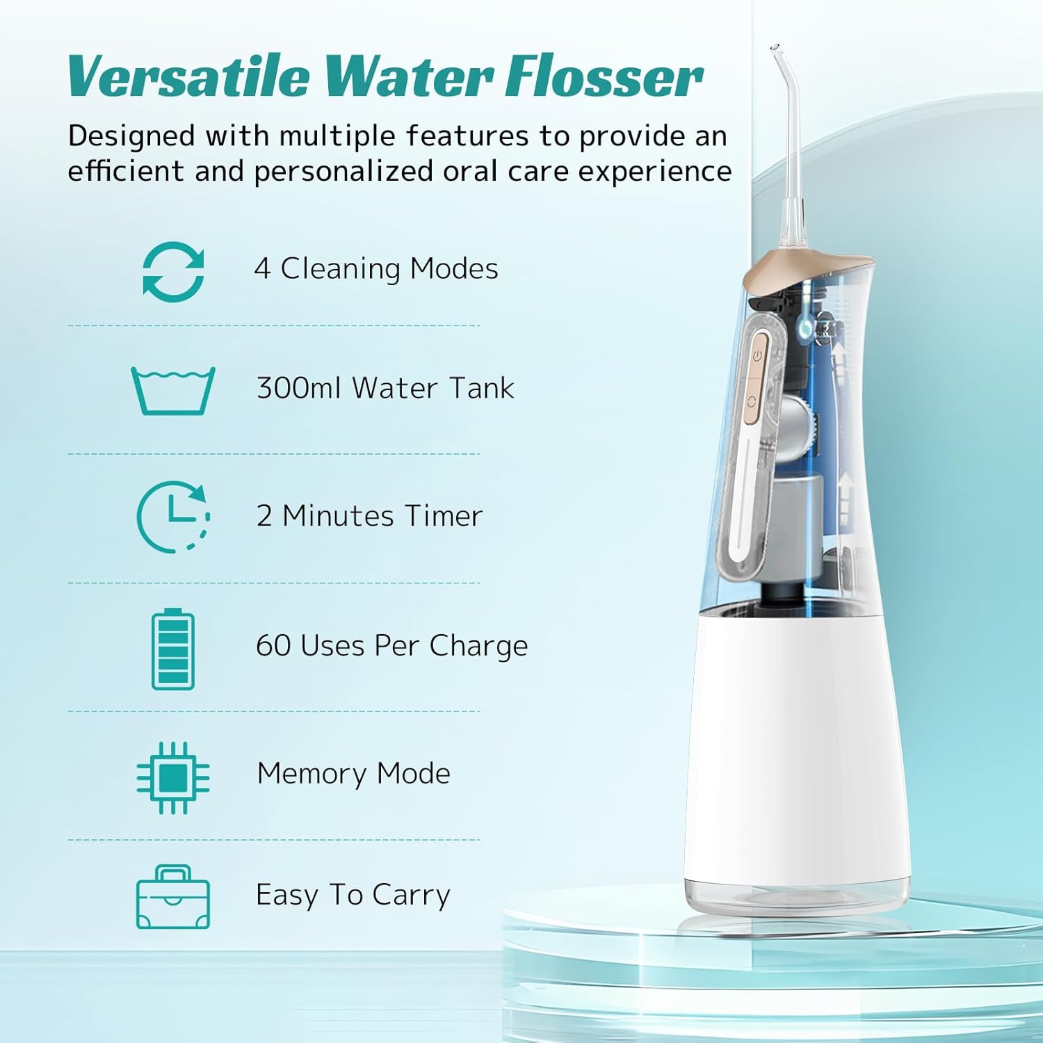 Detalle 2 de FlossJet FlossJet idropulsore dentale portatile con 4 modalità e serbatoio 300 ml, ricaricabile IPX7