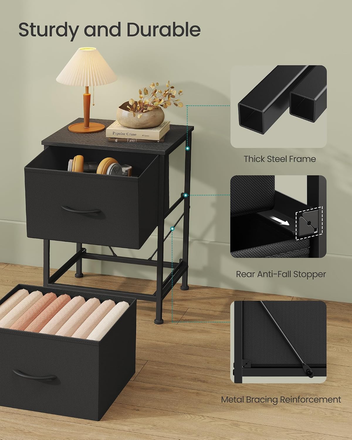 Detalle 2 de SONGMICS BELLAH ULGS112BH02S Nightstands, 2 Drawers, Set of 2, Black