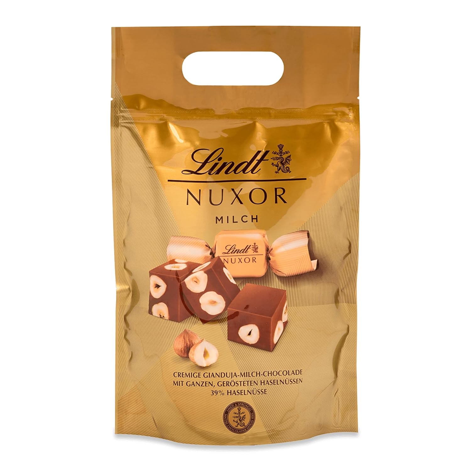 Detalle de Lindt Schokolade | NUXOR Beutel XXL Milch 700 g – Cremige Gianduja-Würfel mit ganzen Haselnüssen