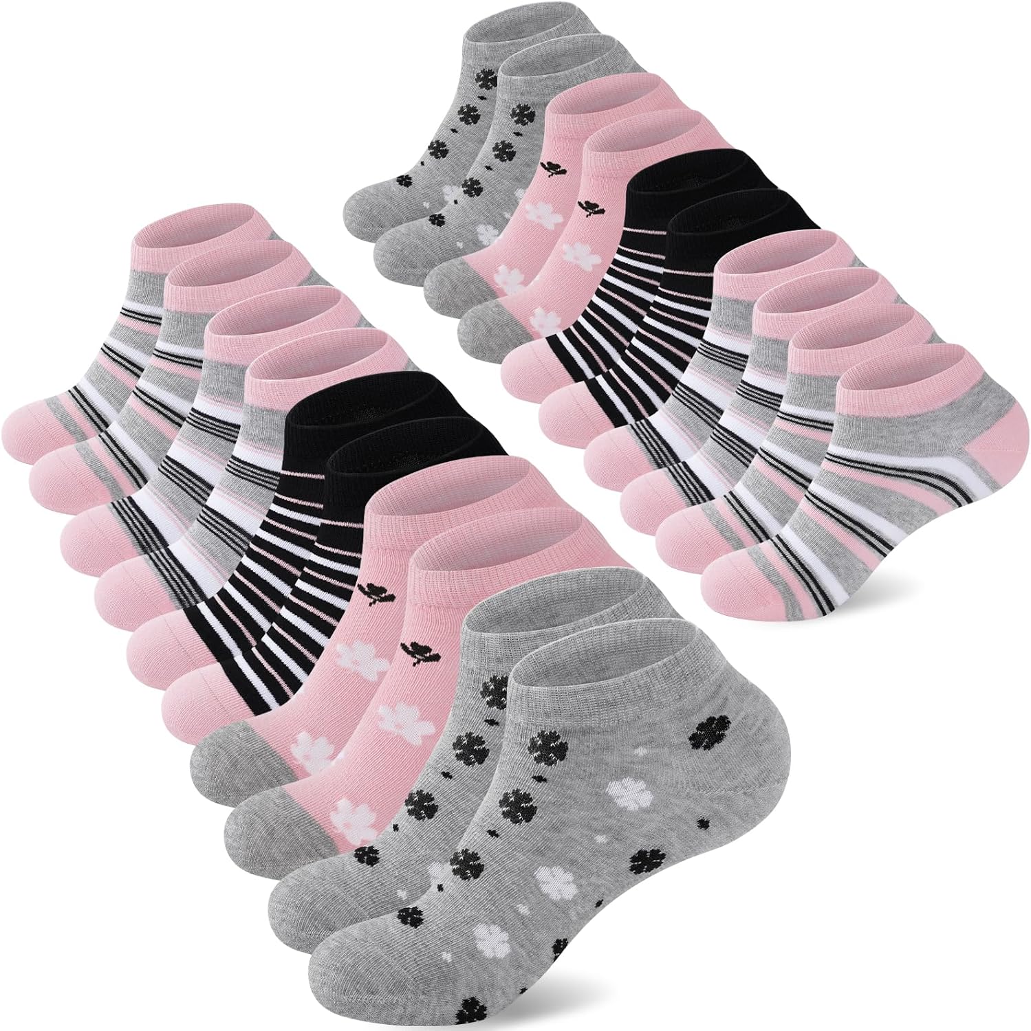Detalle de SukModen 10/20 Paia di Calzini Donna Corti in Cotone – Multicolori con Strisce, Fiori e Cuori