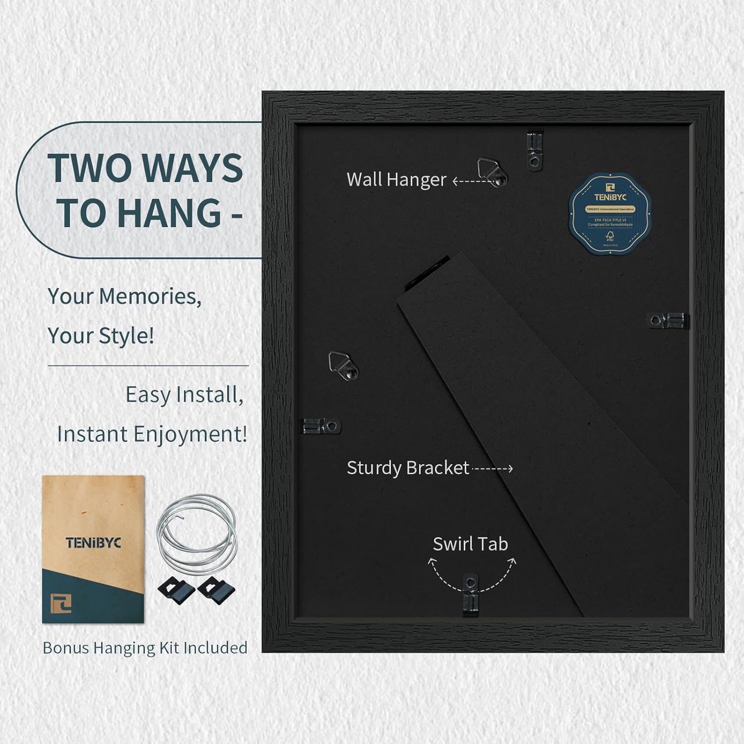 Thumbnail 2 de TENIBYC 8x10 Picture Frame Set (3 Pack) in Textured Black Solid Wood with HD Tempered Glass