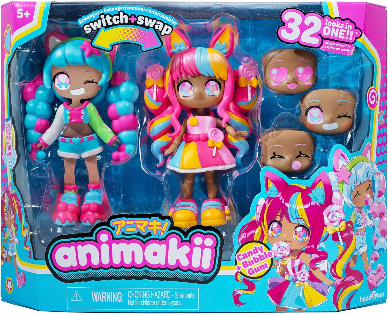 Thumbnail 1 de BANDAI Animakii Lollipop und Bubblegum – personalisierbares Puppen-Set, 1 Puppe mit 4 Gesichtern, 2 Frisuren, 2 Outfits, 2 Paar Schuhe