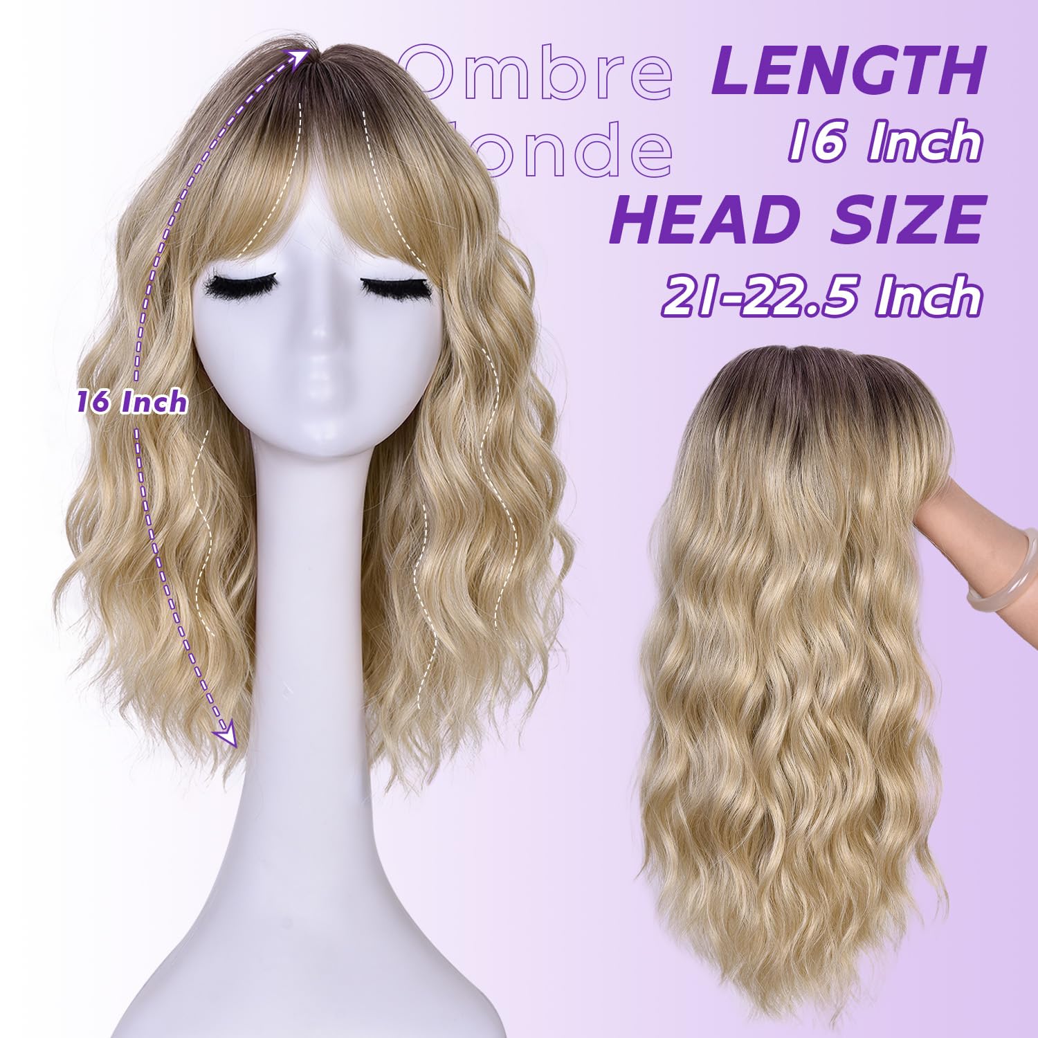 Thumbnail 1 de Short Wavy Wig with Bangs for Women - Ombre Blonde Synthetic Bob Wig