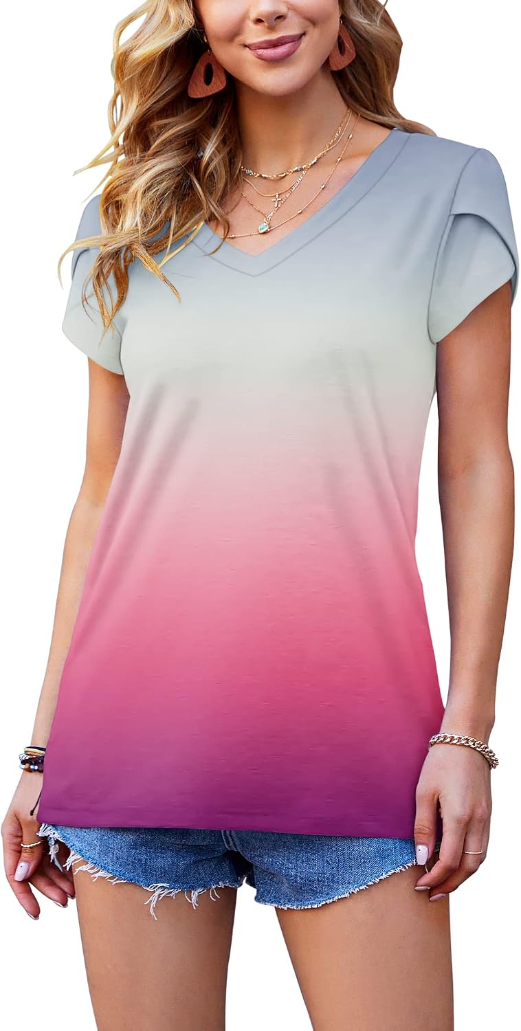 Thumbnail 1 de PLOKNRD Damen Tops V-Ausschnitt Blütenblatt Ärmel — Sommer-T-Shirt mit lockerer Passform