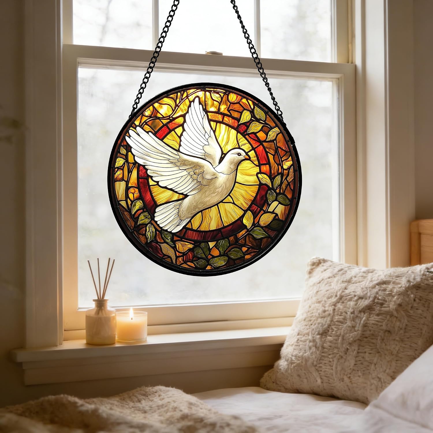 Detalle 2 de DASTOLL Flying White Dove Stained Glass Suncatcher, 6.3-Inch Window Hanging
