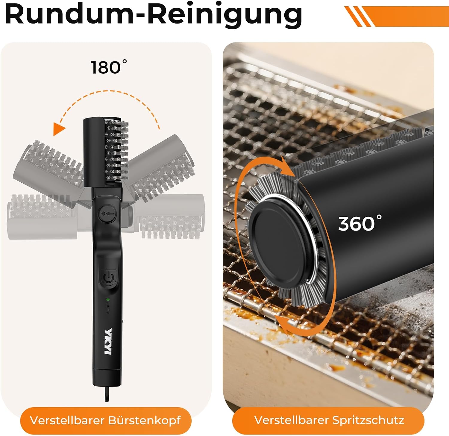 Detalle de YKYI Elektrische Grillbürste – Kabelloser Grillreiniger mit 180° Winkel, USB-C Aufladung, Edelstahl-Bürstenkopf
