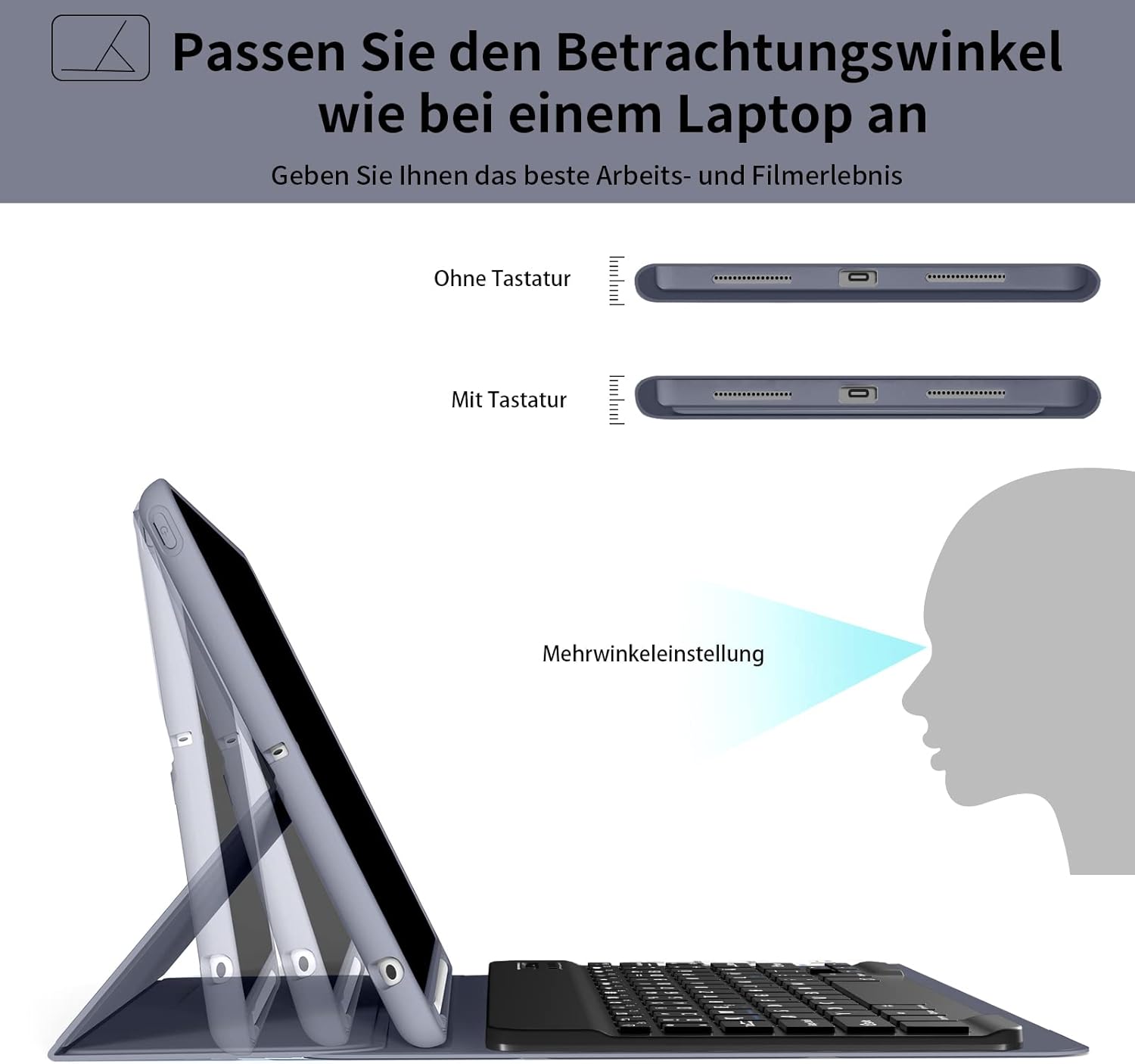 Thumbnail 6 de aoub Hülle mit Tastatur für iPad 9./8./7. Generation 10,2 Zoll – Kabellose QWERTZ Tastaturhülle mit Stifthalter in Violett