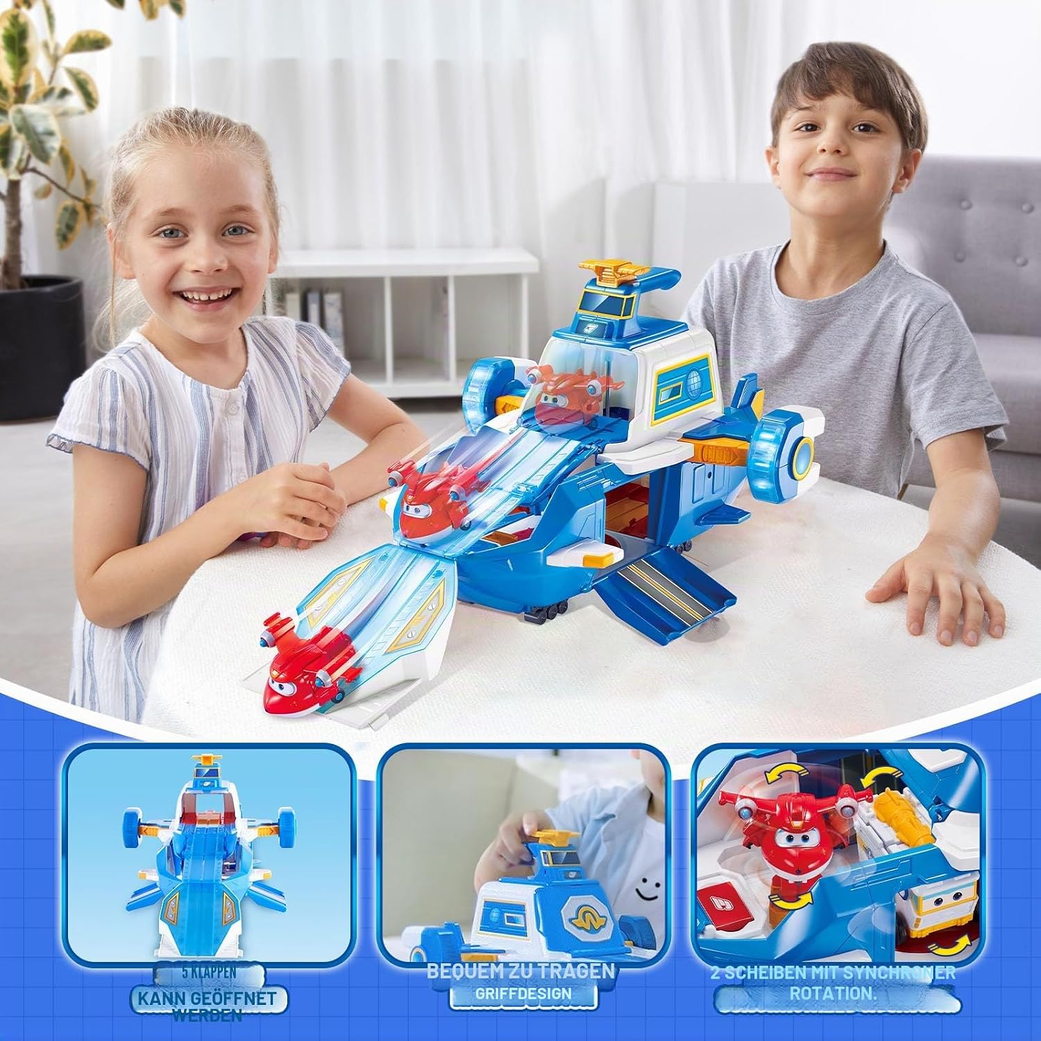 Detalle de Super Wings Airport World Playset mit 2 Spielzeug-Flugzeugen und transformierbaren Transform-a-Bots-Robotern (ab 3 Jahren)