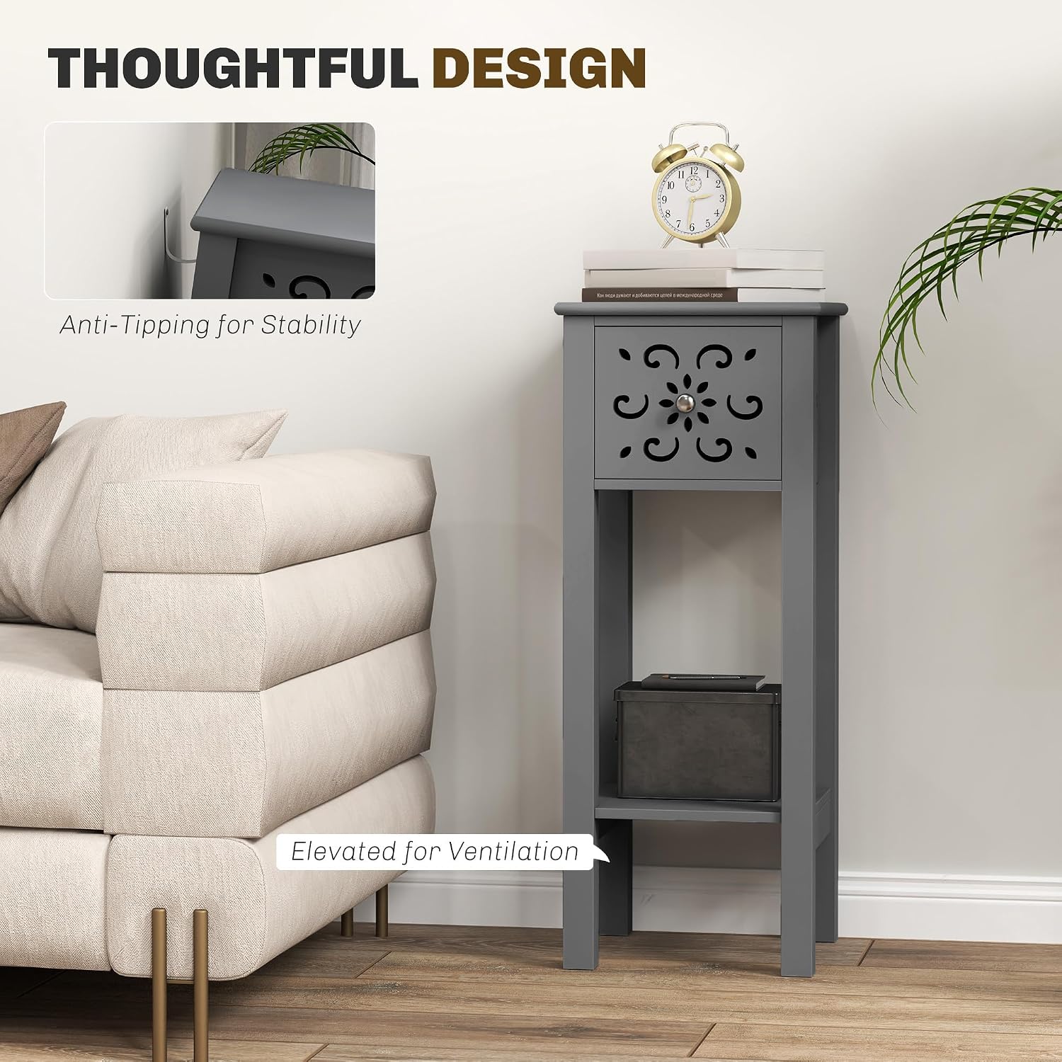 Detalle 2 de HOMCOM 83B-178V80GY Side Table Set of 2, Grey, Floral Cut-Out, Drawer & Shelf