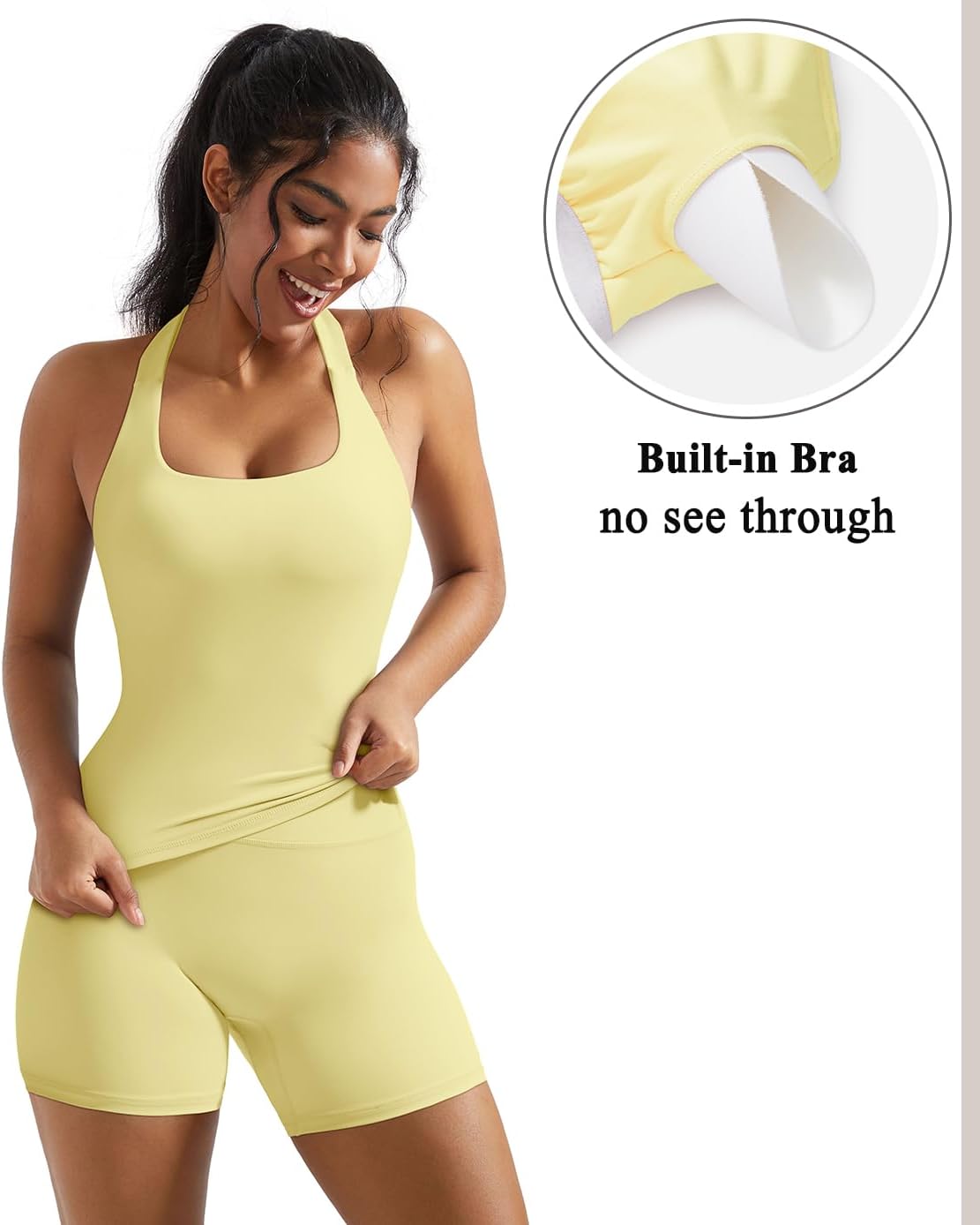 Detalle de OMKAGI 2-Piece Workout Set for Women: Halter Top with Built-In Bra & High-Waisted Biker Shorts
