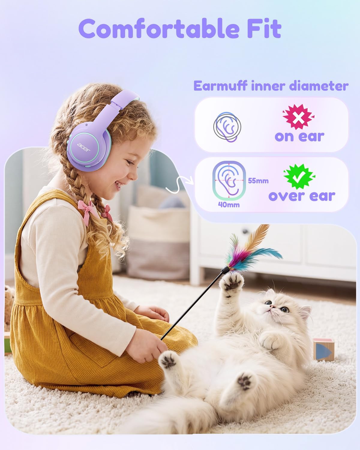 Thumbnail 1 de Acer Kids OHR702 Bluetooth Over-Ear Headphones for Kids (Mic, 75H Playtime, 85dBA Safe Volume) - Purple/Green