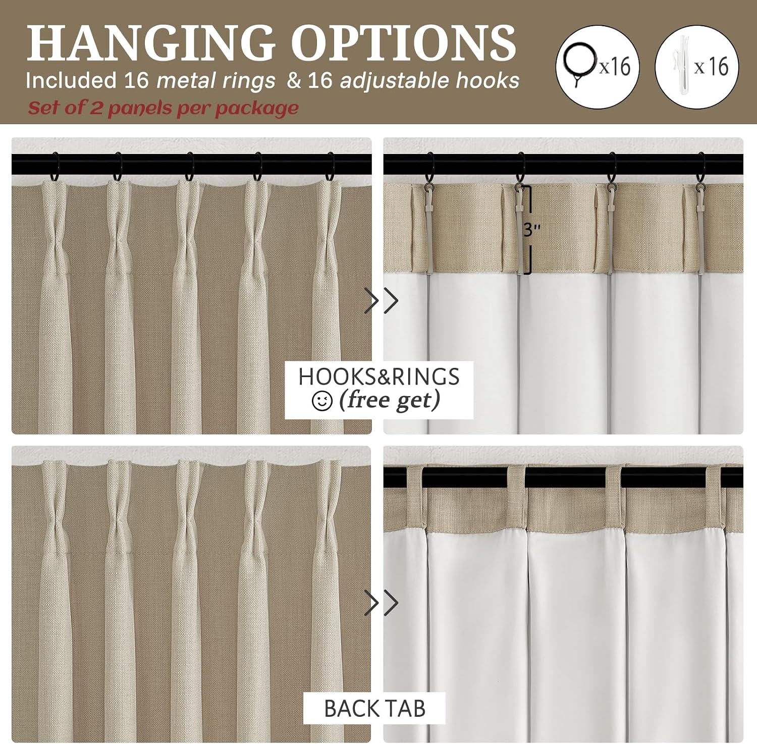Detalle 2 de LuxuNap Pinch Pleated Linen Blackout Curtains, 40 x 120 in, 2 Panels
