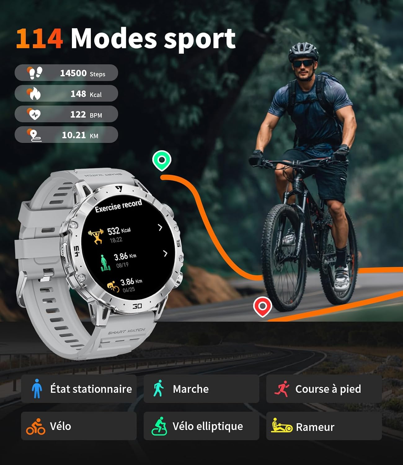 Detalle de SUNKTA Montre Connectée Homme 1000 mAh – 1,7″ HD, 3 bracelets, Bluetooth appels, LED et suivi santé