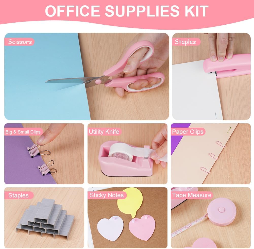 Detalle de OFFCUP roze bureauaccessoireset met nietjes, plaknotities en meetlint