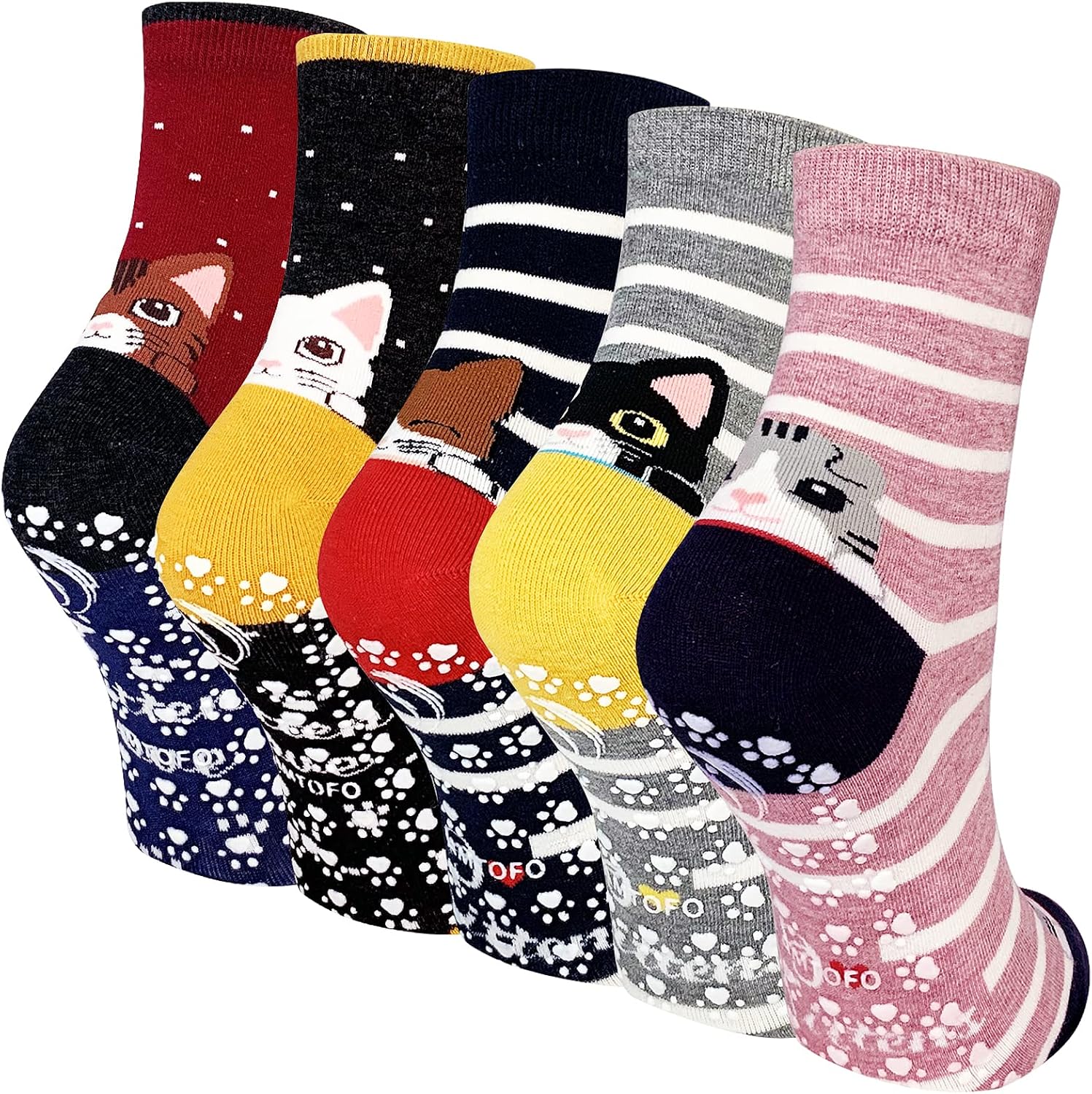 Detalle de PUTUO chaussettes antidérapantes fantaisie pour femme (motif chats) – lot de 5 paires