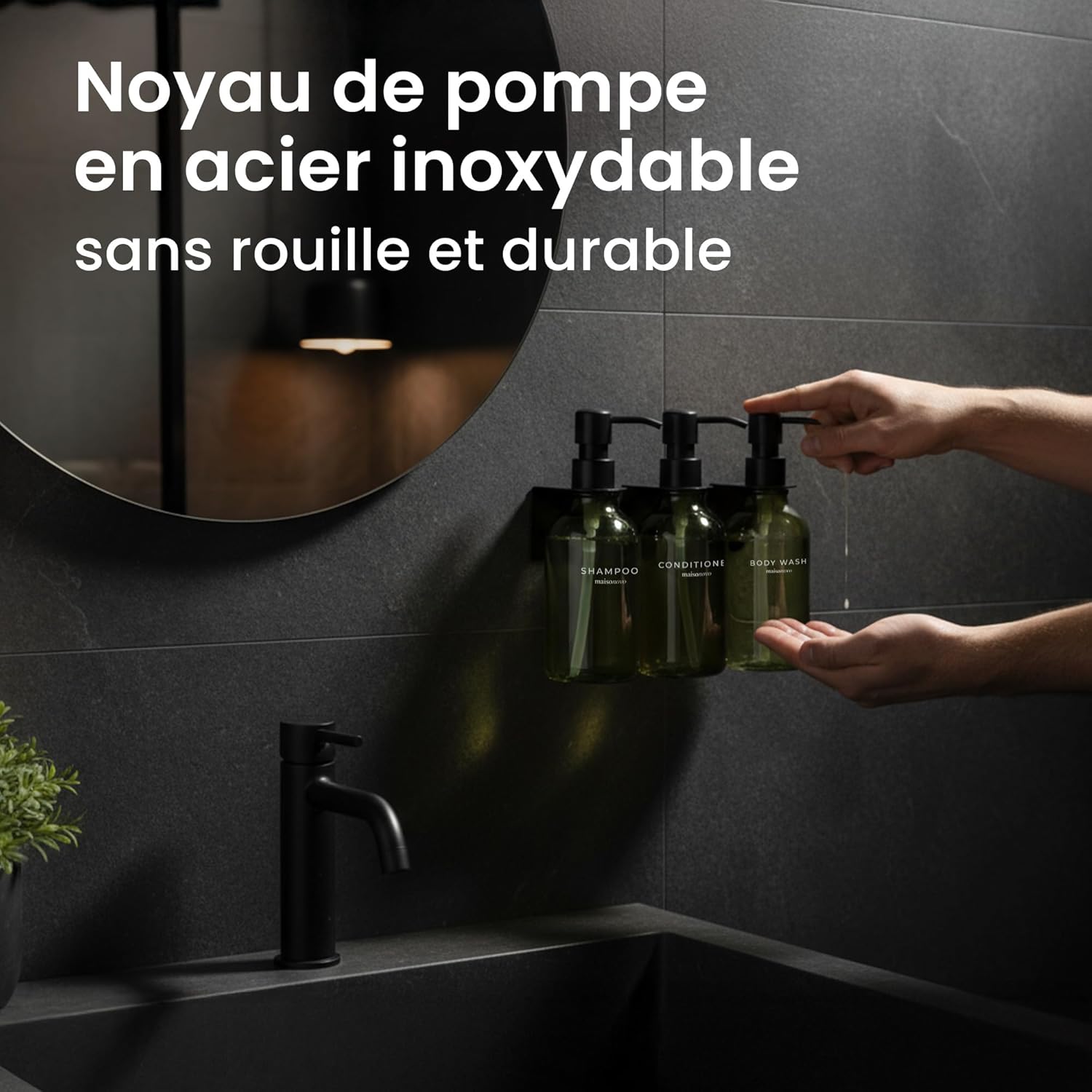 Thumbnail 6 de MaisoNovo Distributeur Savon Mural sans Percage – Lot de 3, 500 ml, Vert avec Pompes Noires
