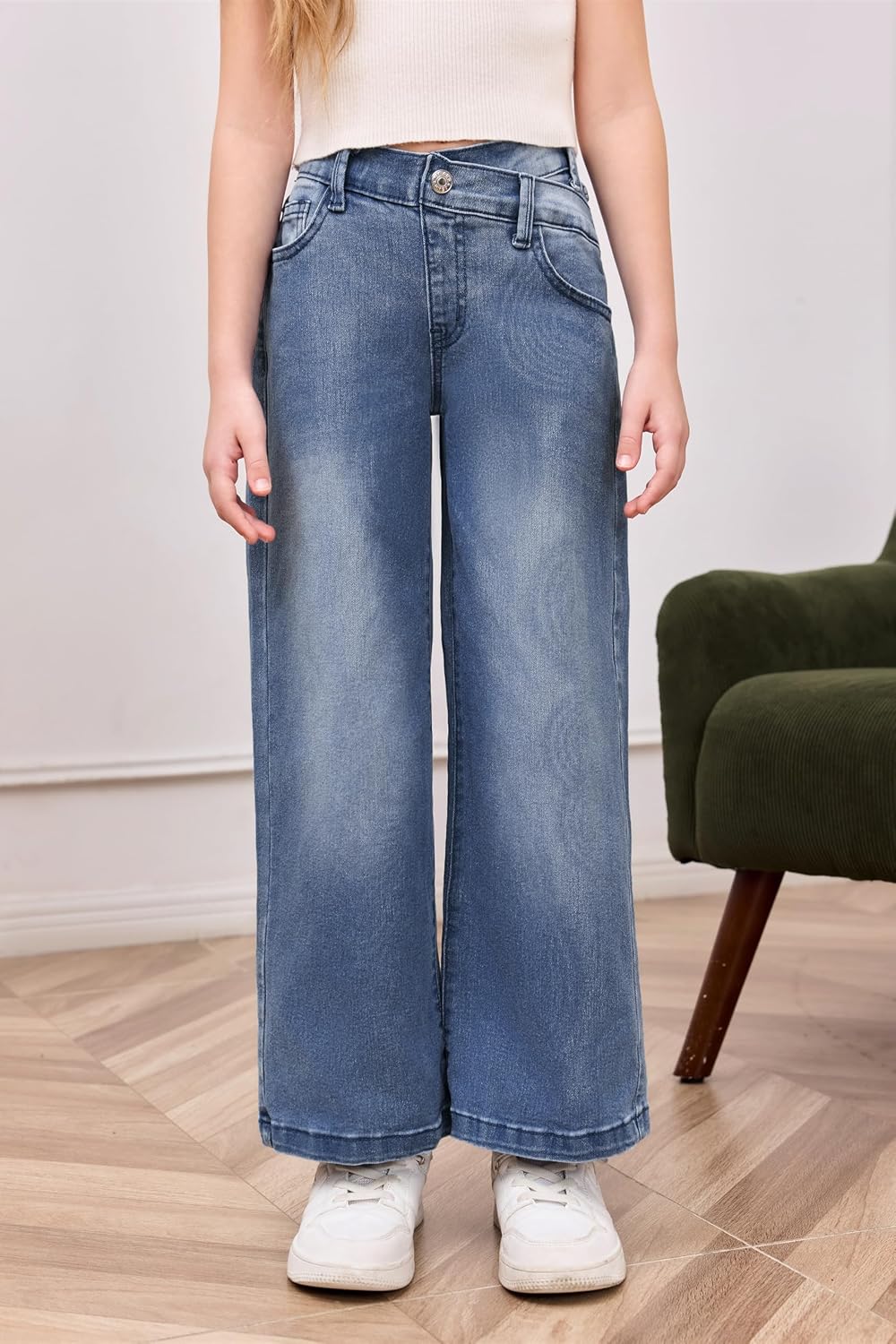 Detalle 2 de Haloumoning uitlopende jeansbroek voor meisjes met hoge taille en wijde pijpen