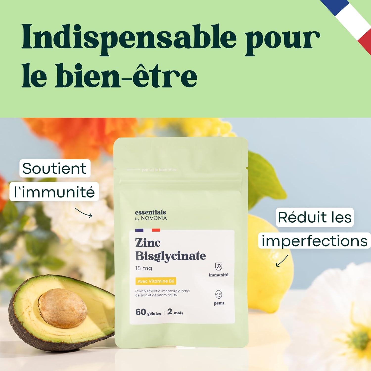 Thumbnail 1 de Zinc Bisglycinate + vitamine B6 Essentials by Novoma (60 gélules végétales) – cure de 2 mois