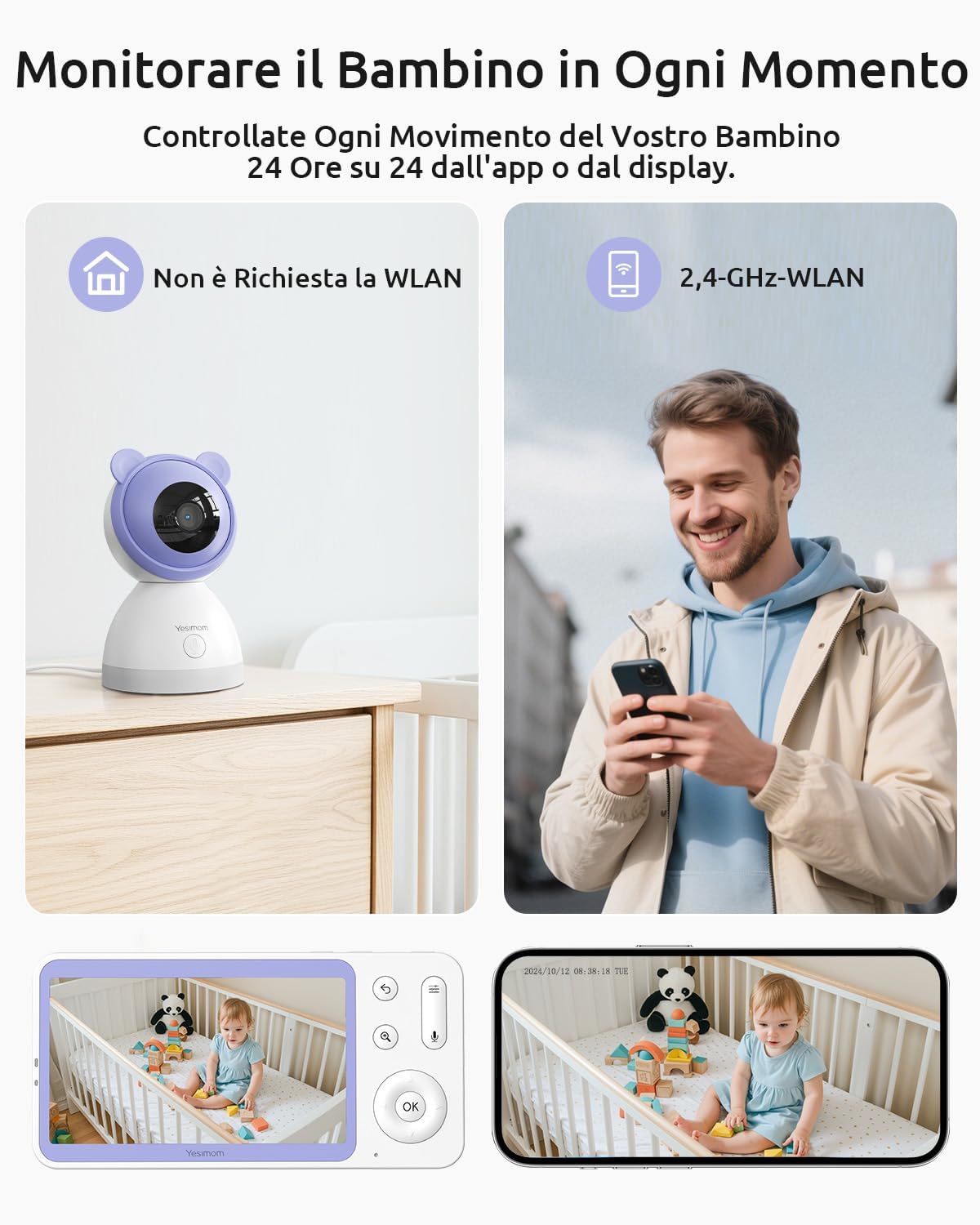 Thumbnail 1 de YESIMOM 2K Baby Monitor Video e Audio: Telecamera con PTZ 360°, App & 5" Monitor