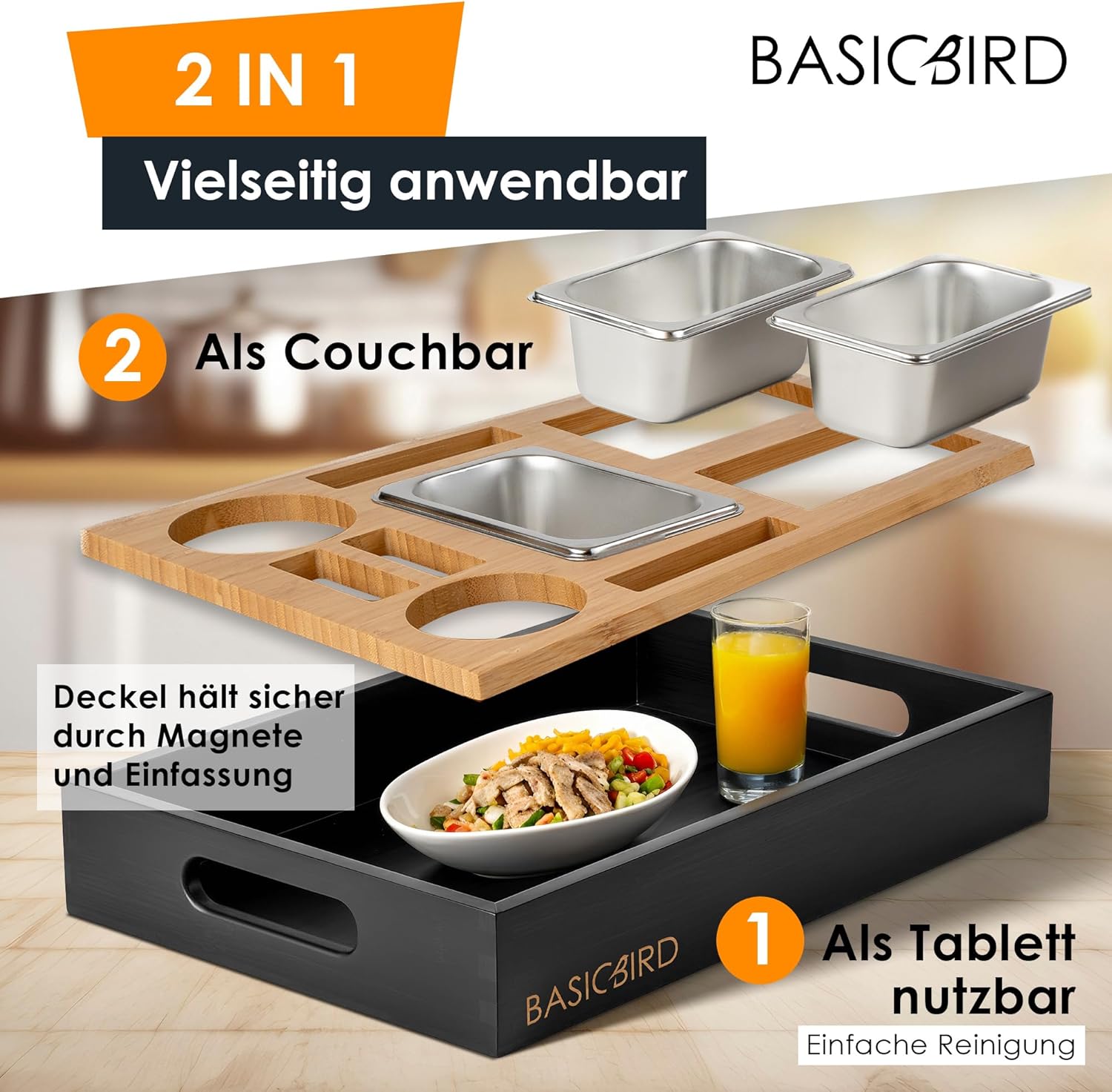 Thumbnail 4 de BASICBIRD® Couchbar Snackbox: Organizer-Tablett mit 3 Snackschalen, Getränkehalter und Fächern (Black Body)