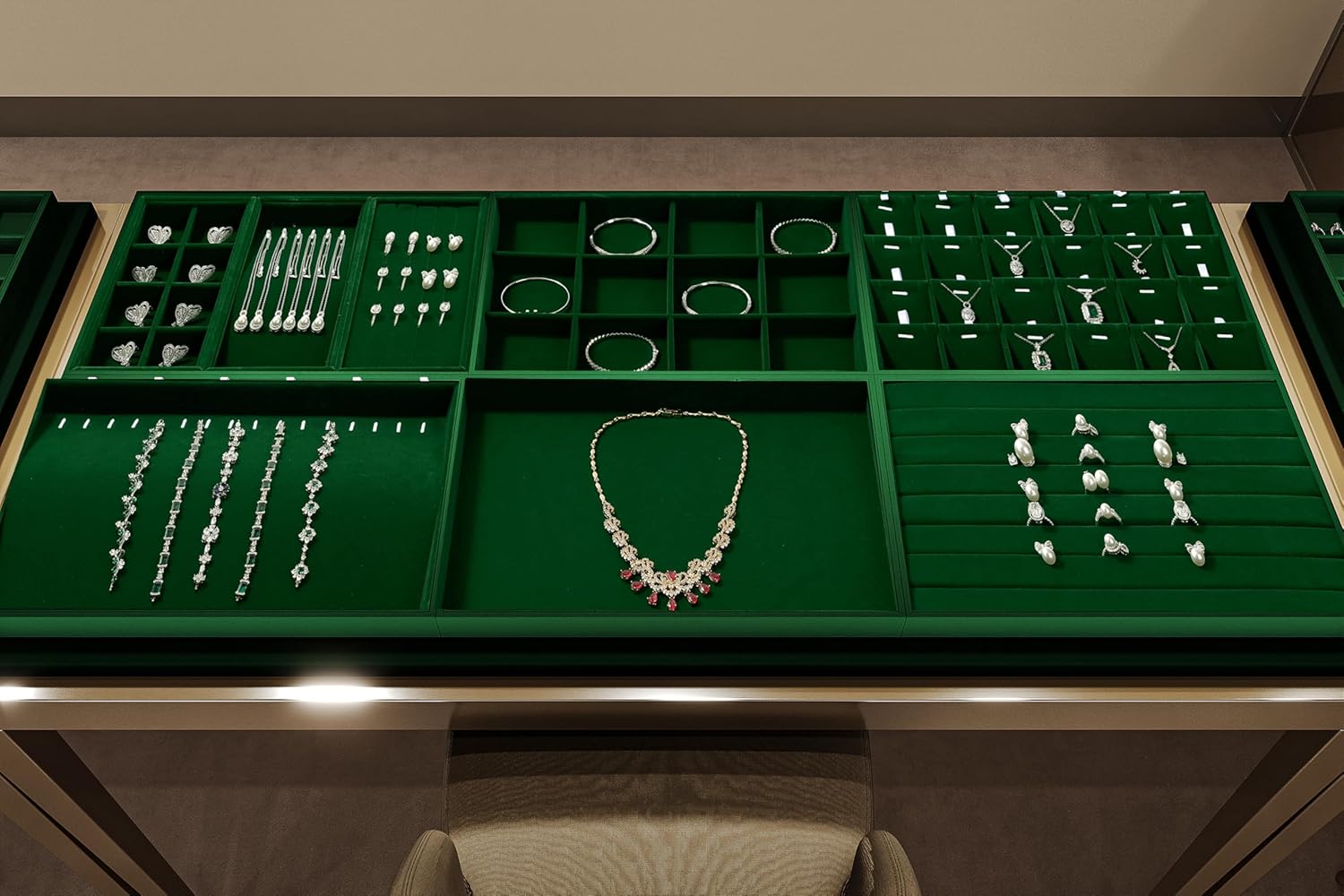 Detalle de Papten Bandeja apilable de terciopelo para joyas, verde oscuro