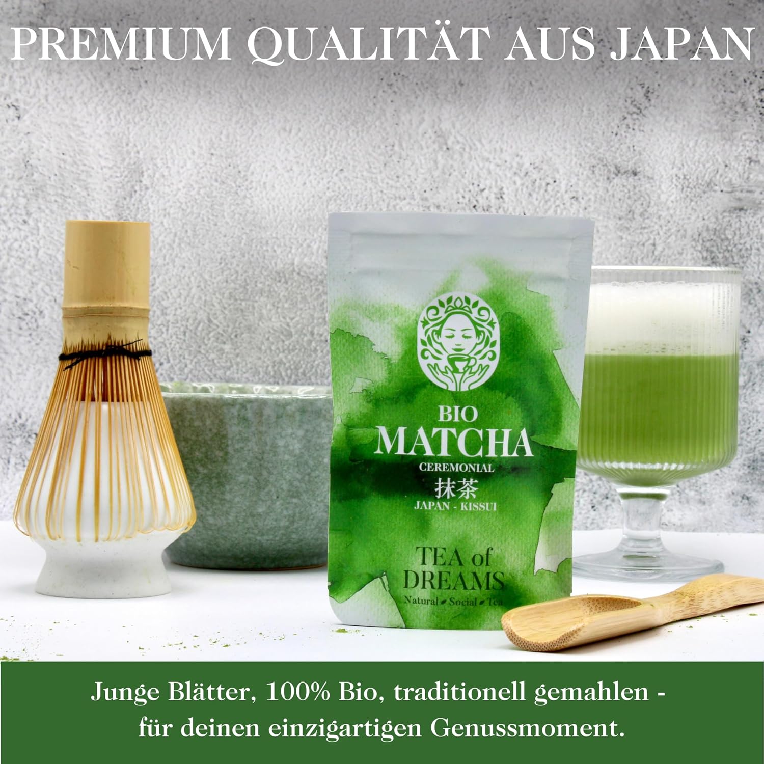 Detalle de Bio Matcha „Kissui“ Ceremonial Grade aus Japan – Matcha Pulver für Tee & Matcha Latte (30 g)