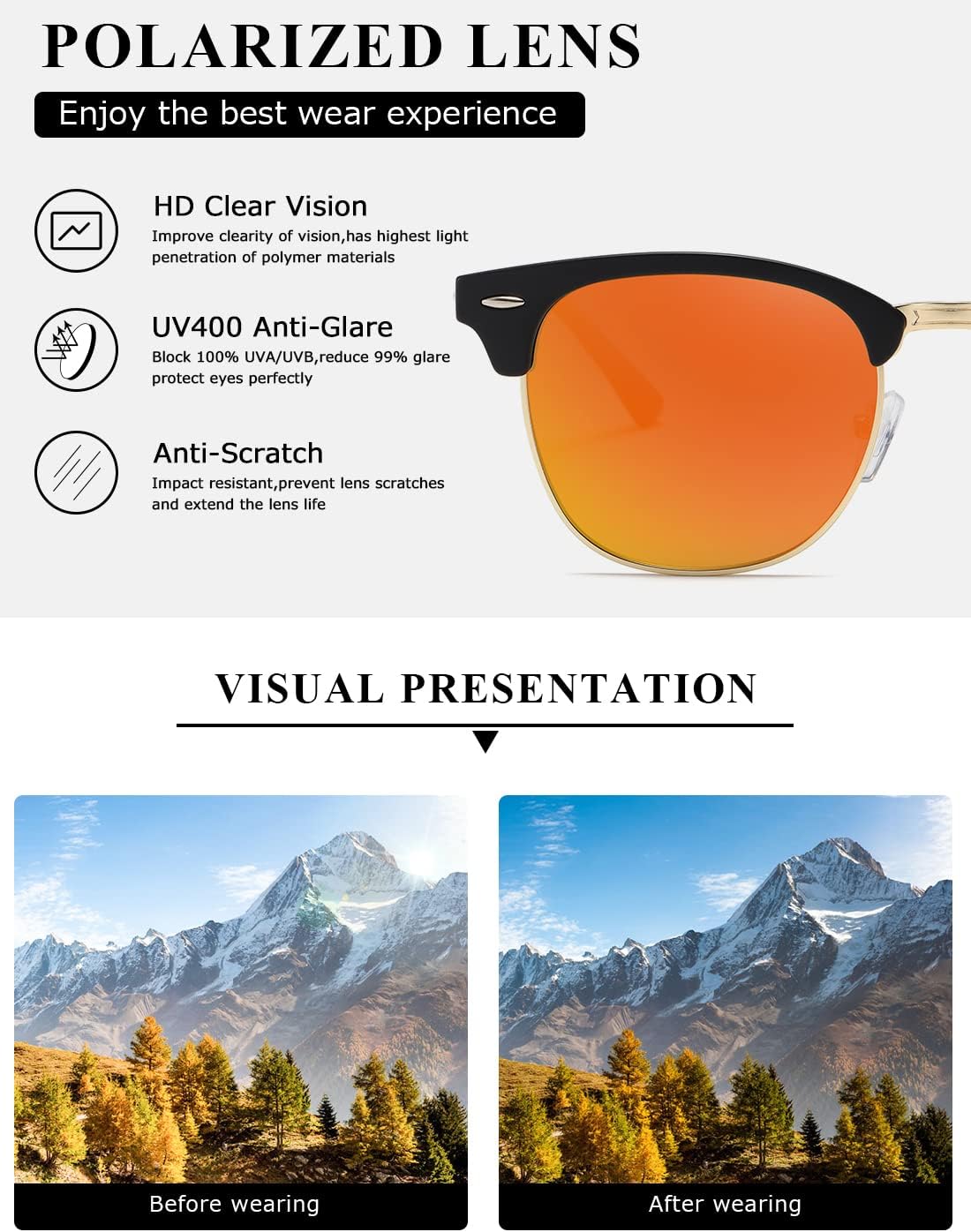 Detalle de Kimorn Polarized Sunglasses Unisex AE0550 – Retor Semi-Rimless Classic Eyewear