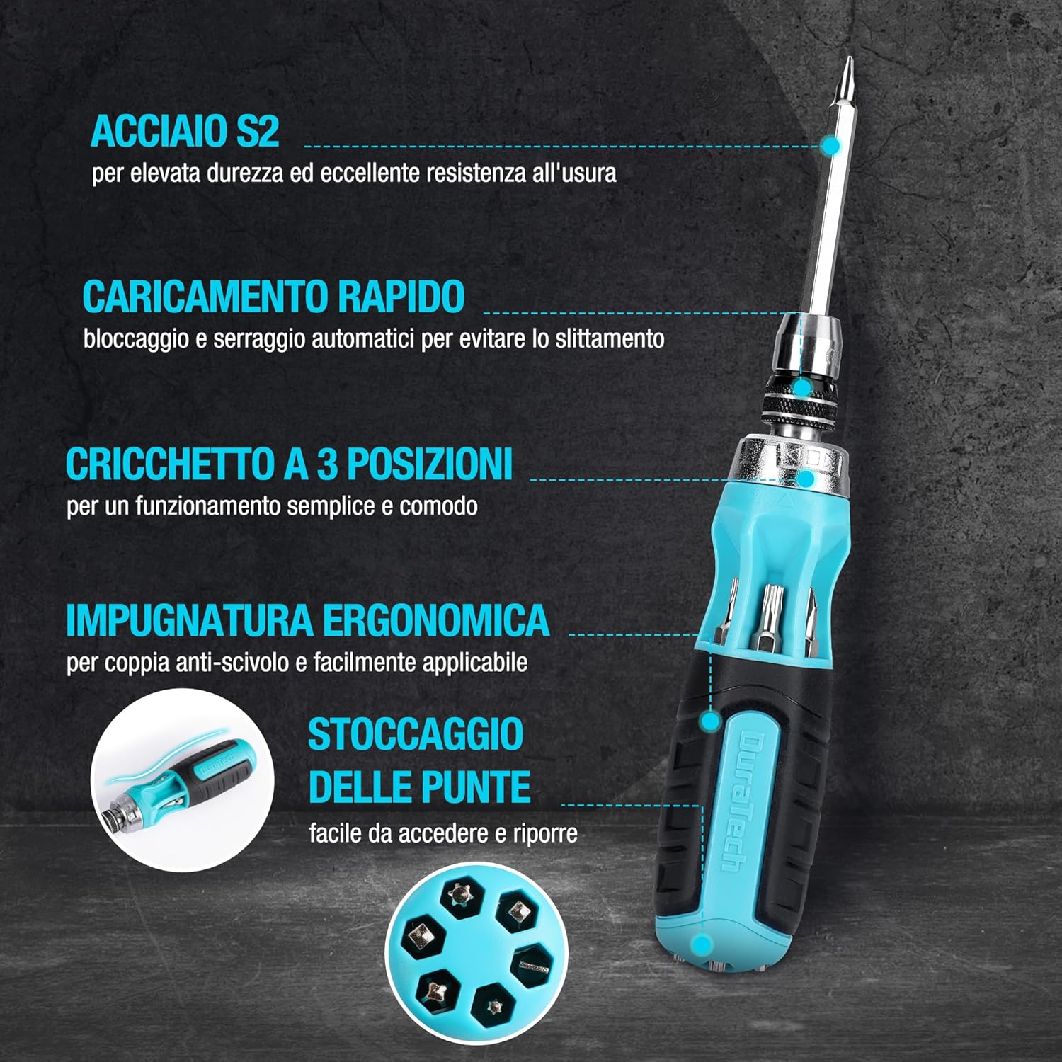 Detalle de DuraTech Cacciaviti 12 in 1: set completo con punte doppia testa e fatto per durare