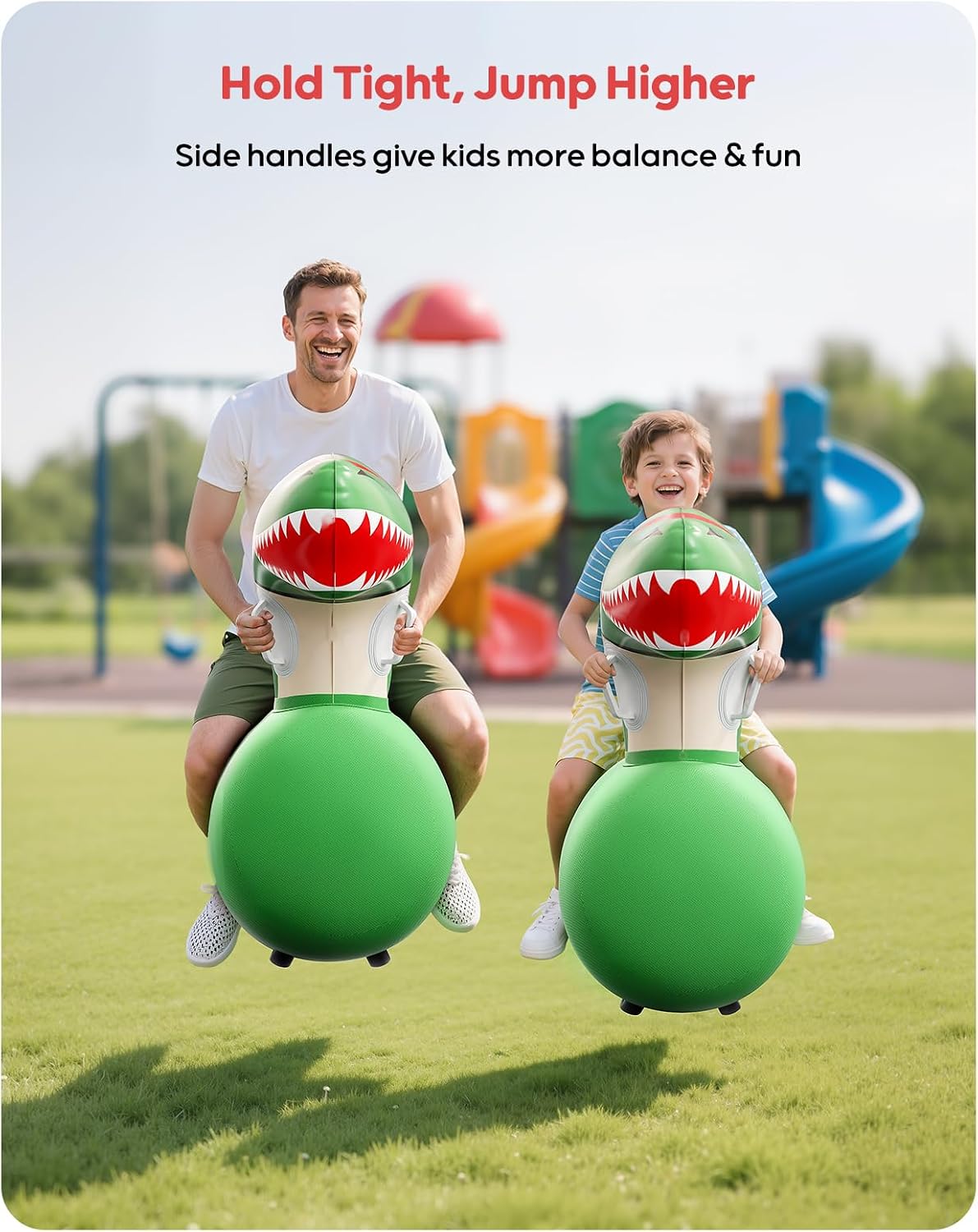 Detalle de QPAU Inflatable Bouncy Dinosaur (2 pcs) with Hand Pump – heavy duty hopping animal hopper, for ages 5+
