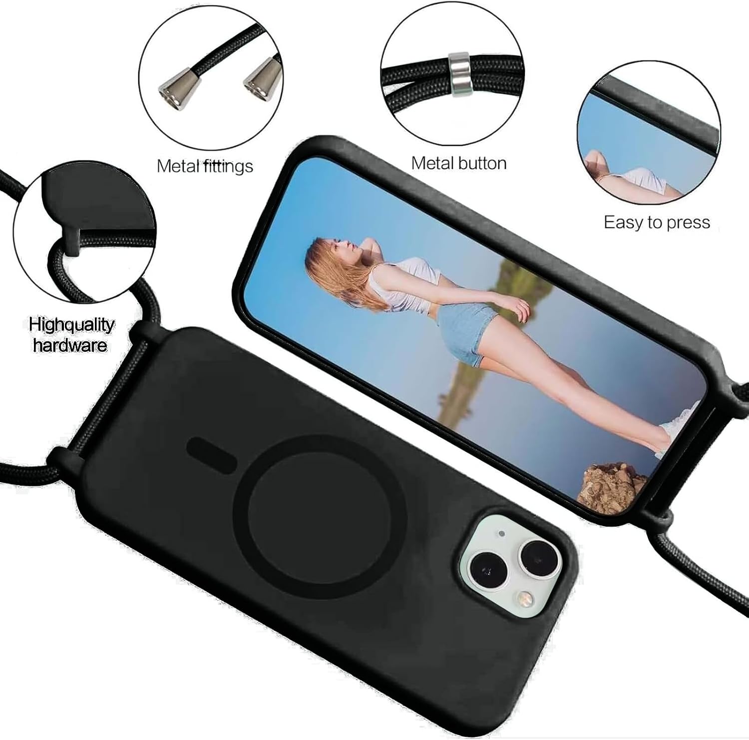 Detalle de YANJIEER Magnetische Hülle mit Umhängekordel für Samsung Galaxy S21 FE – Dünn, Silikon, MagSafe-kompatibel, Schwarz