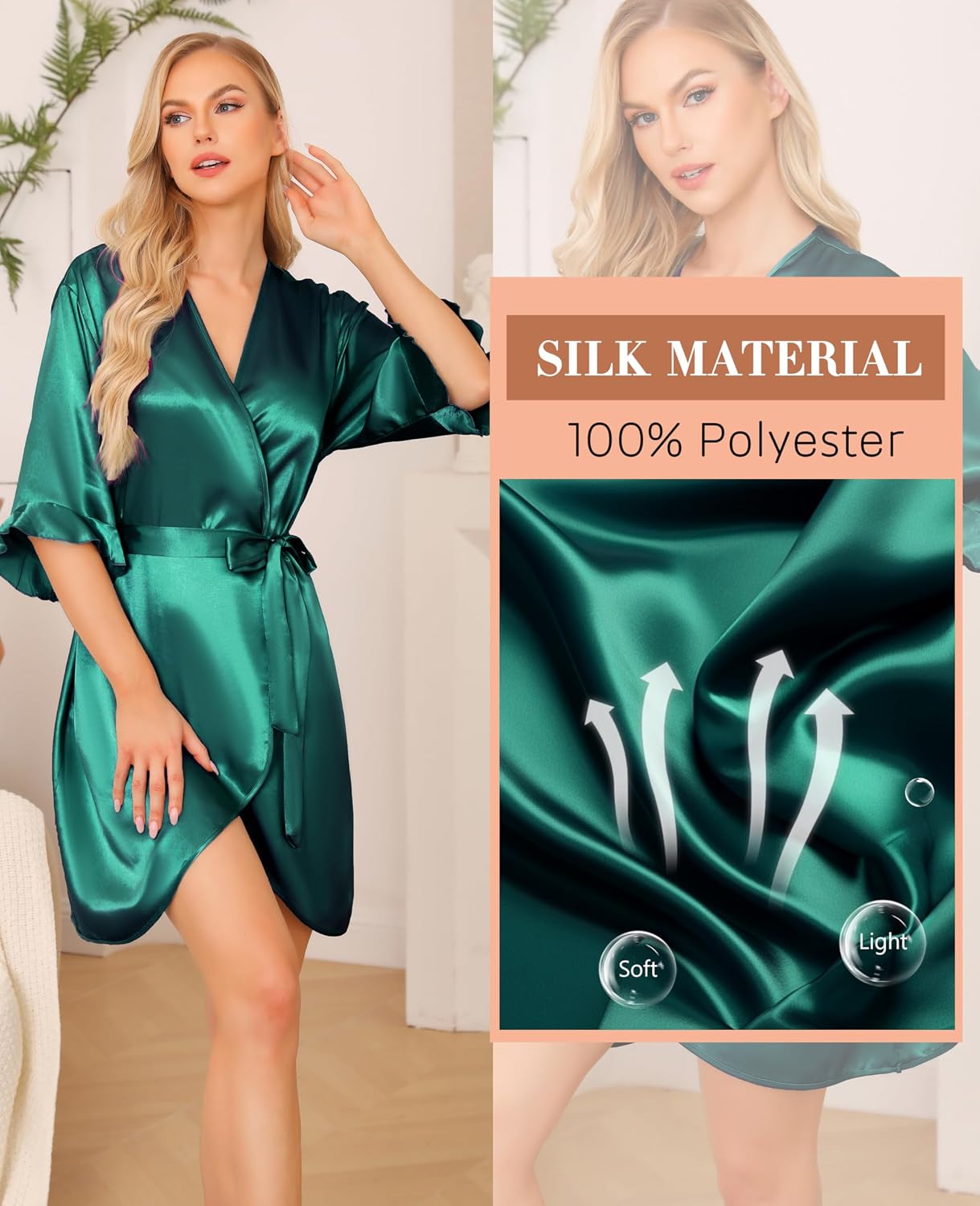 Detalle de Wikoan Peignoir Satin Femme – Robe de Chambre Kimono Court en Satin 100% polyester