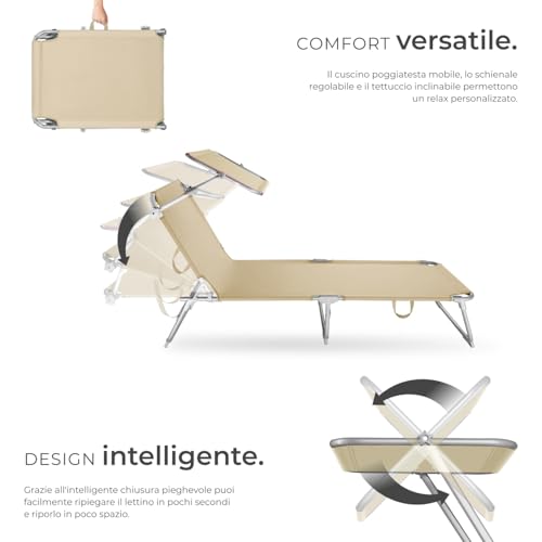 Detalle de tectake Set da 2 Lettini Prendisole Pieghevoli 190x68x111 cm con Parasole, Cuscino e Maniglia – Beige
