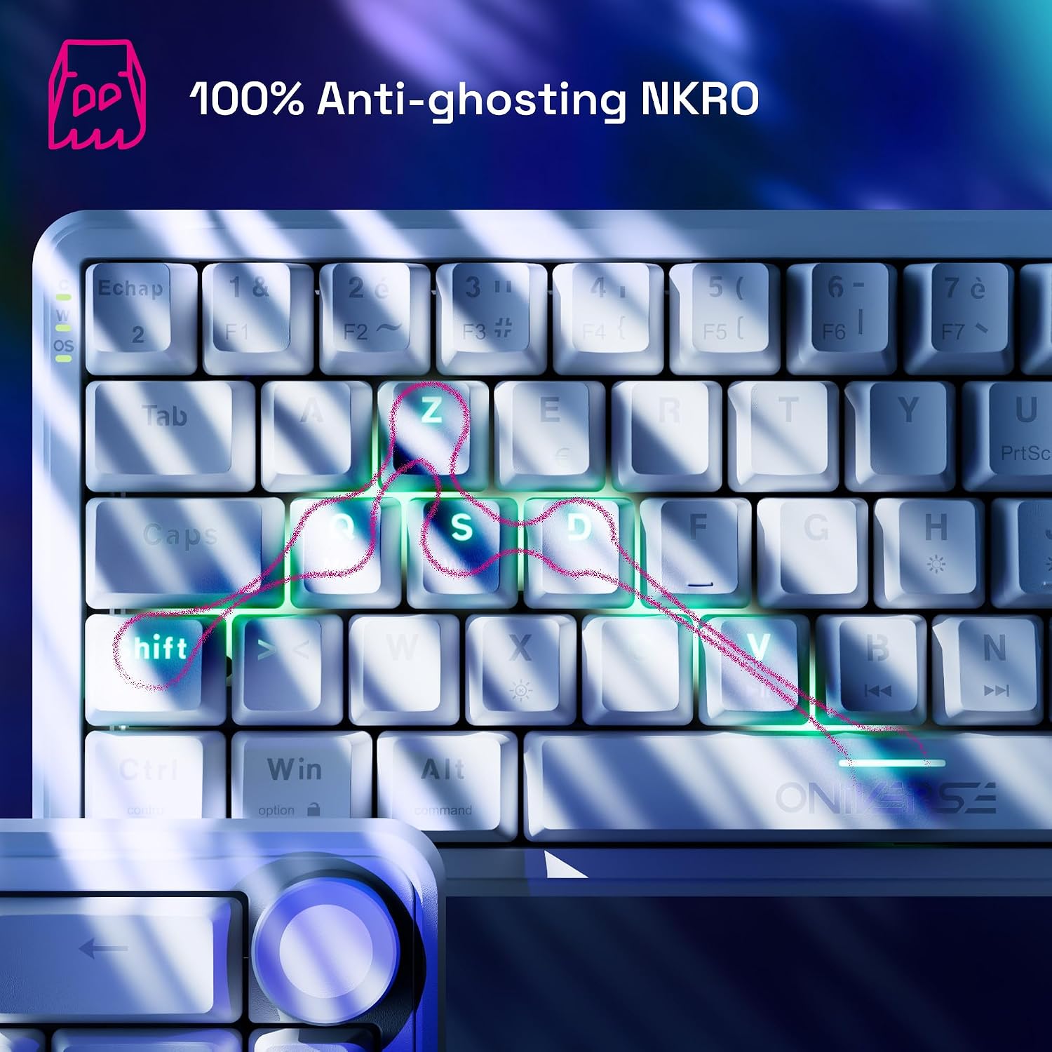 Detalle de Oniverse Maegnus – przewodowa klawiatura gamingowa 65%, Hall Effect, Rapid Trigger, AZERTY