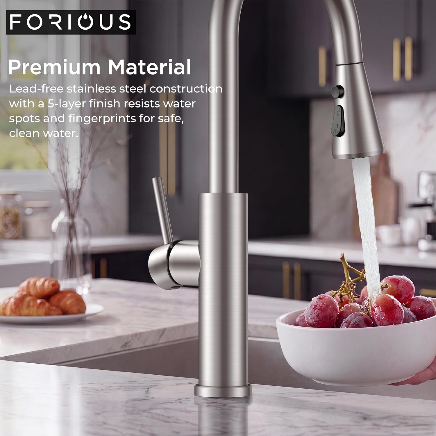 Detalle 1 de FORIOUS FF0096BN Pull-Down Kitchen Faucet, High-Arc, Brushed Nickel