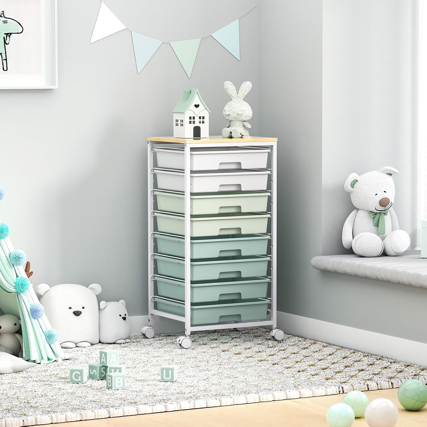 Detalle 2 de SYKIARIOL 1250-4 Rolling Storage Cart, 8 Drawers, Green, Wooden Top