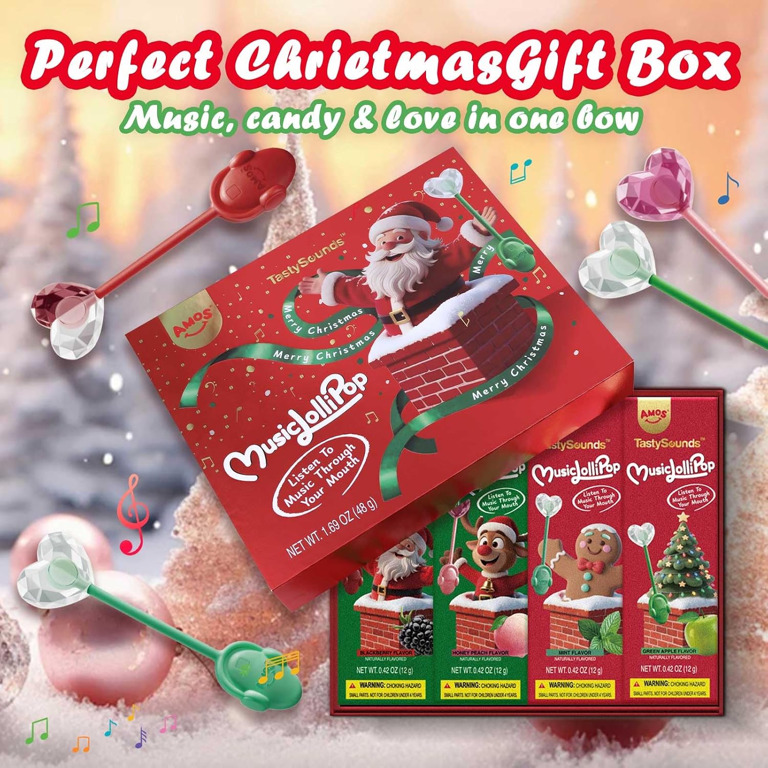 Detalle 2 de AMOS Sucette Musicale Mûre & Pêche & Menthe & Pomme – coffret de 4 bonbons audio, Noël, sans sucre
